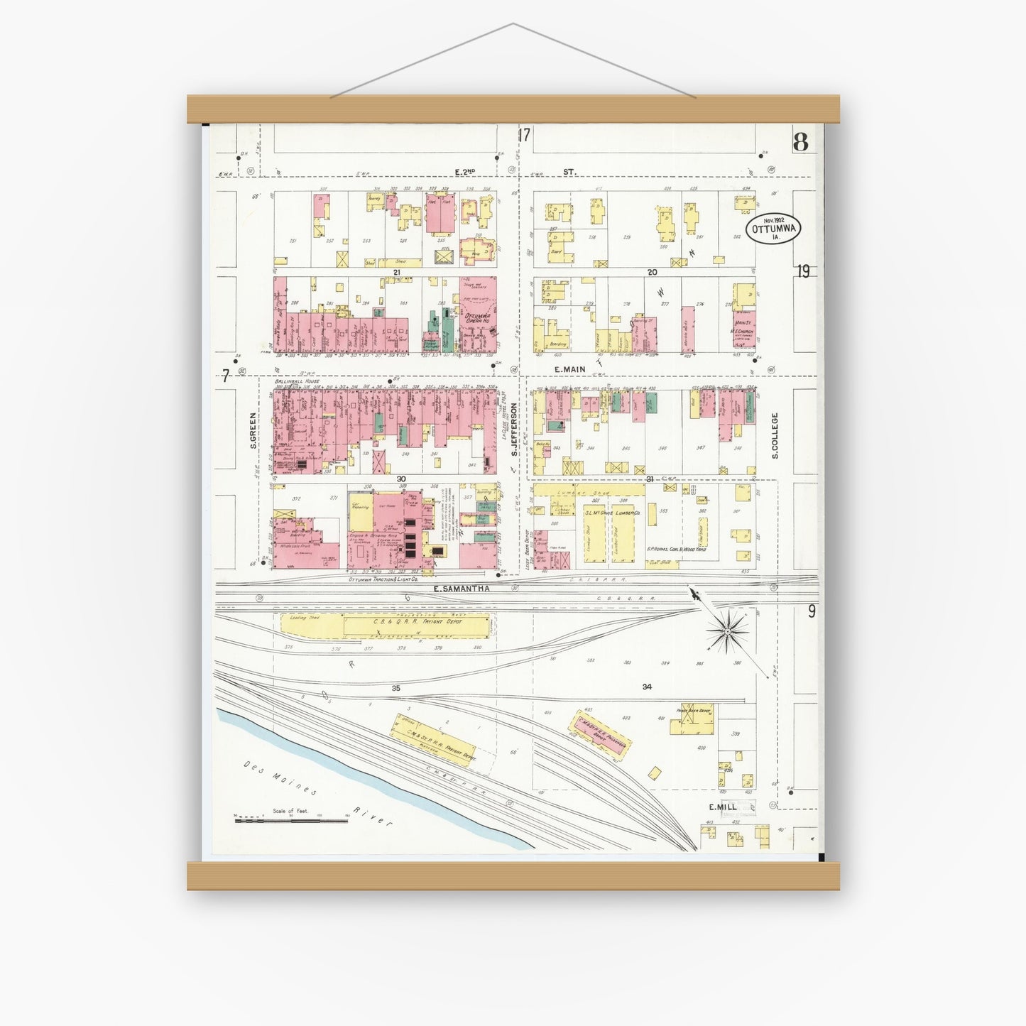 Old map wall art mockup — magnetic wood frame on white wall — Sanborn Fire Insurance Map from Ottumwa, Wapello County, Iowa (1902), Sheet #0008