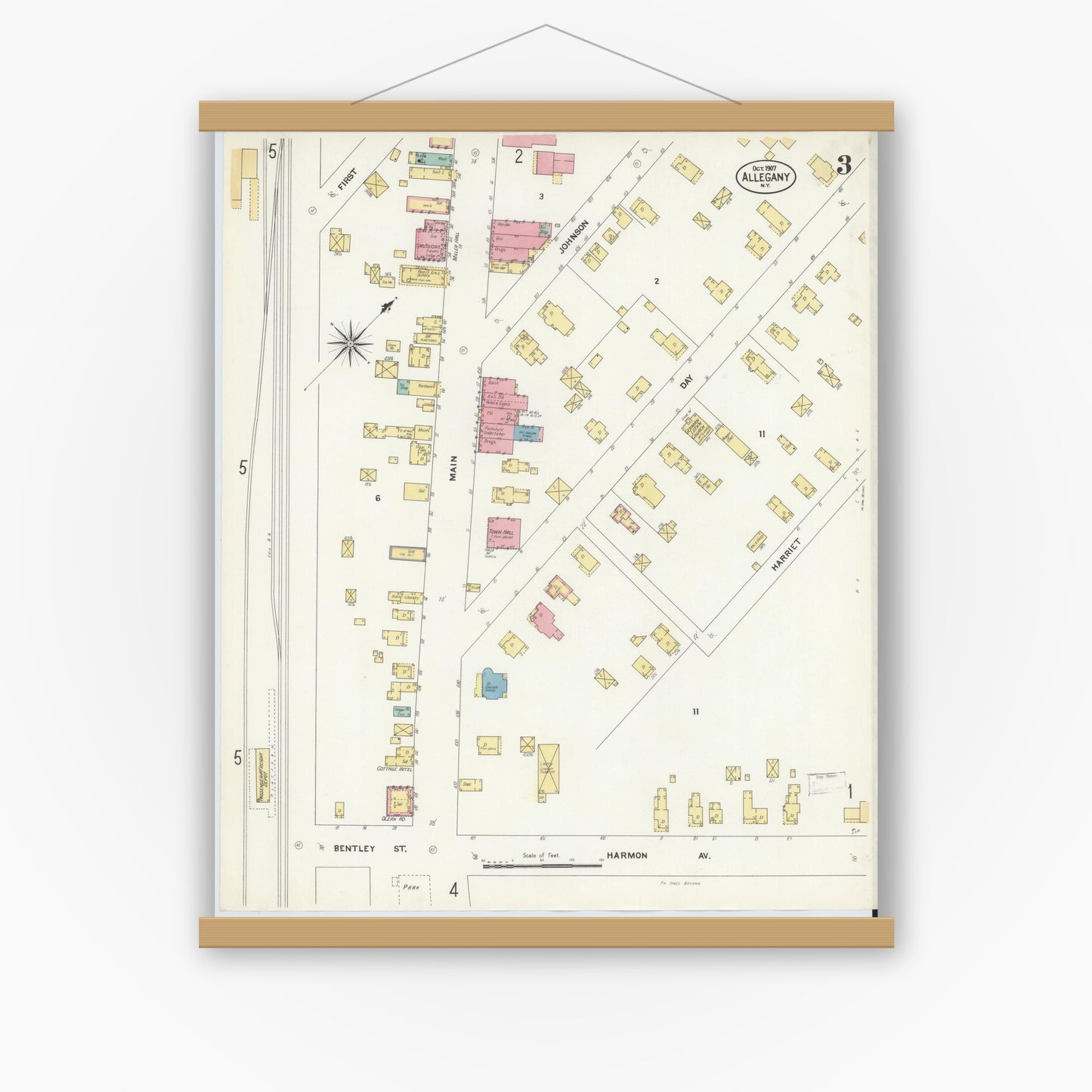 Old map wall art mockup — magnetic wood frame on white wall — Sanborn Fire Insurance Map from Allegany, Cattaraugus County, New York (1907), Sheet #0003