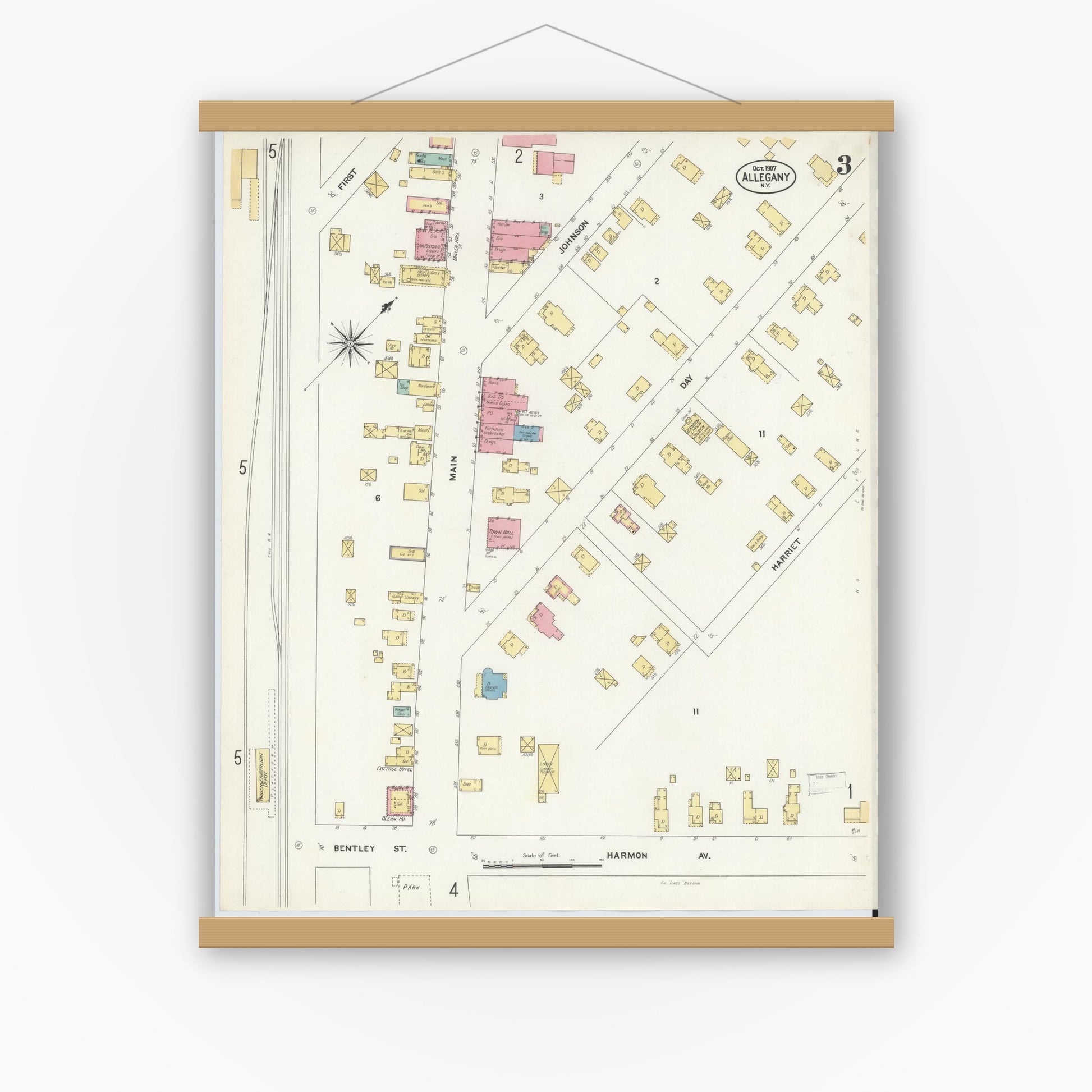 Old map wall art mockup — magnetic wood frame on white wall — Sanborn Fire Insurance Map from Allegany, Cattaraugus County, New York (1907), Sheet #0003
