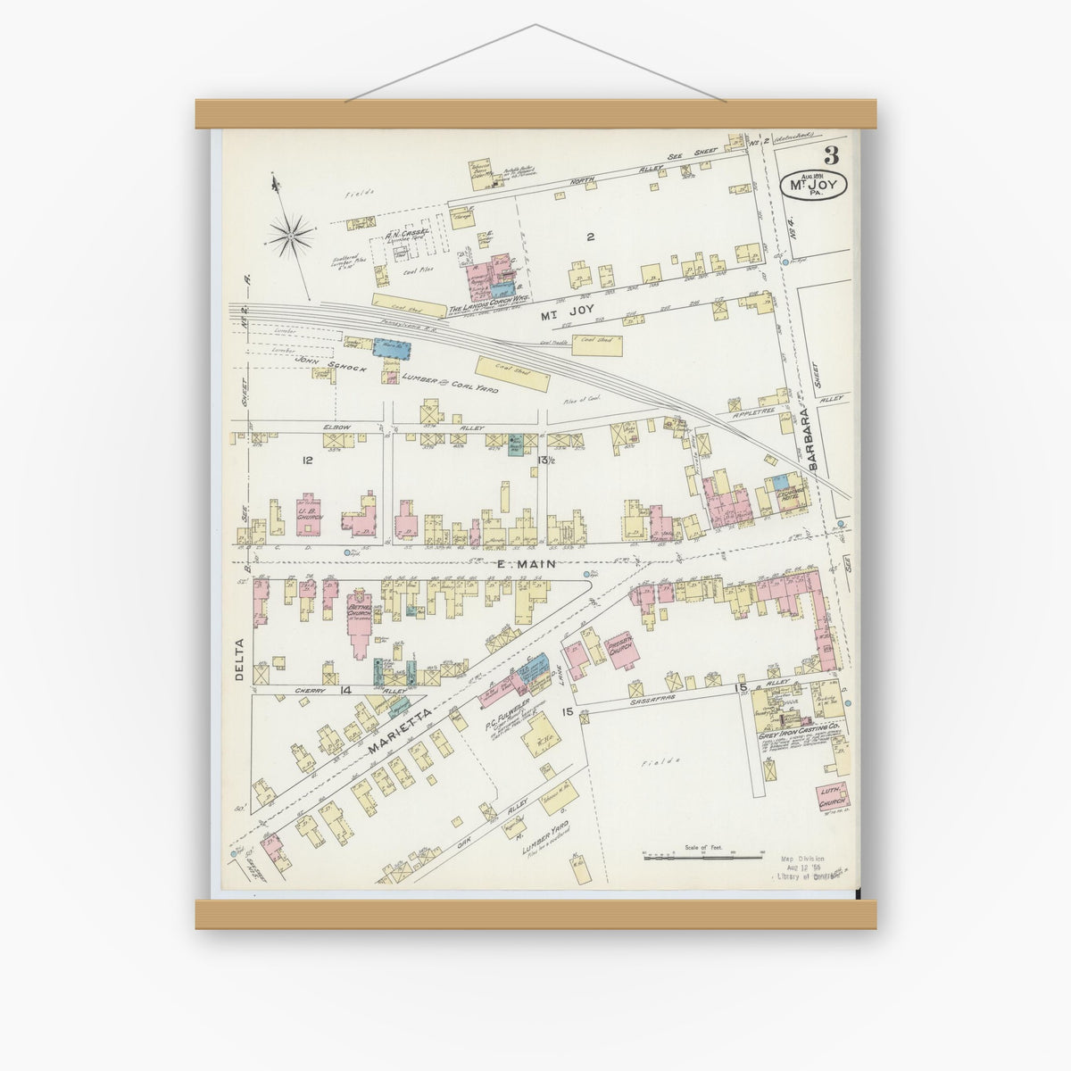 Old map wall art mockup — magnetic wood frame on white wall — Sanborn Fire Insurance Map from Mount Joy, Lancaster County, Pennsylvania (1891), Sheet #0003