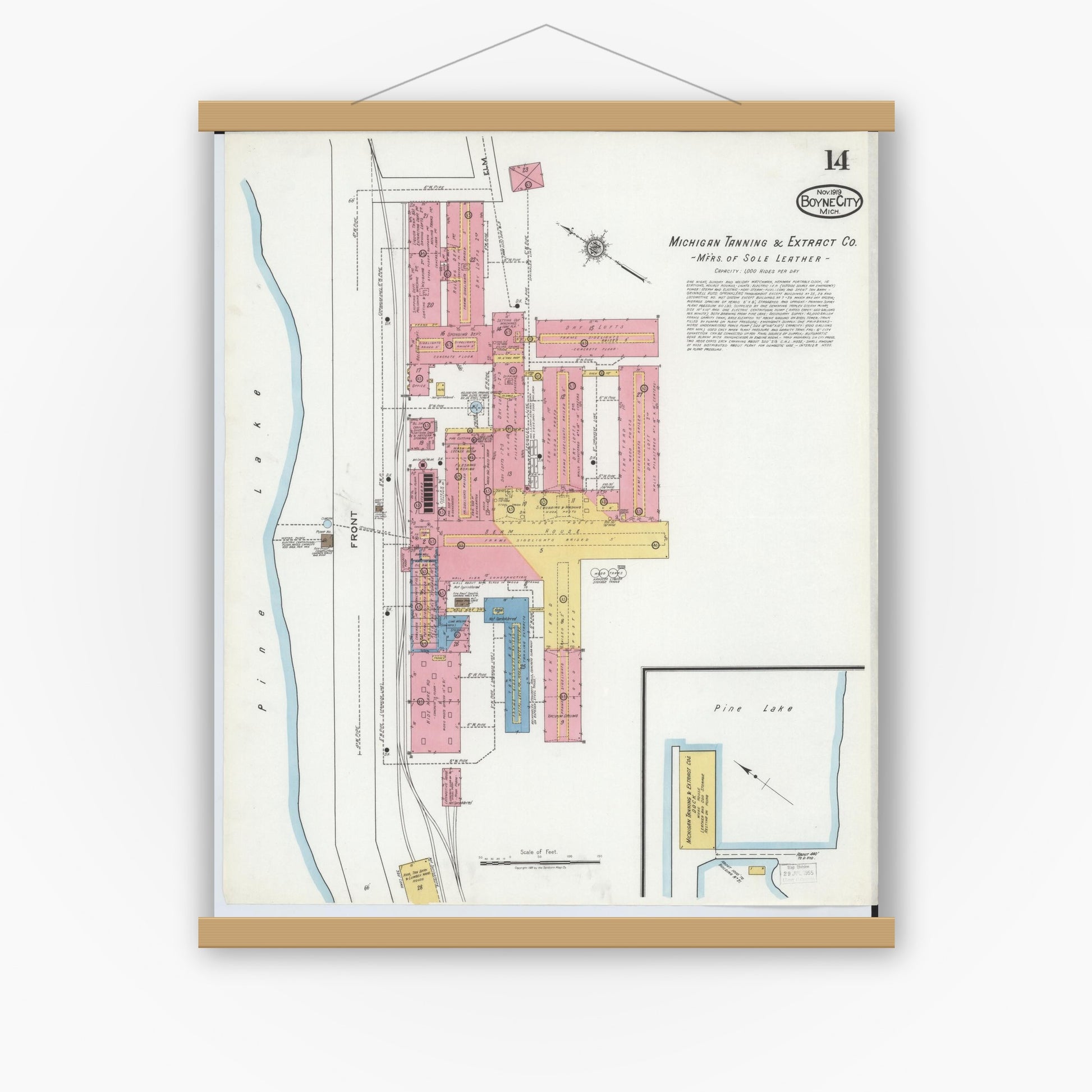 Old map wall art mockup — magnetic wood frame on white wall — Sanborn Fire Insurance Map from Boyne City, Charlevoix County, Michigan (1919), Sheet #0014