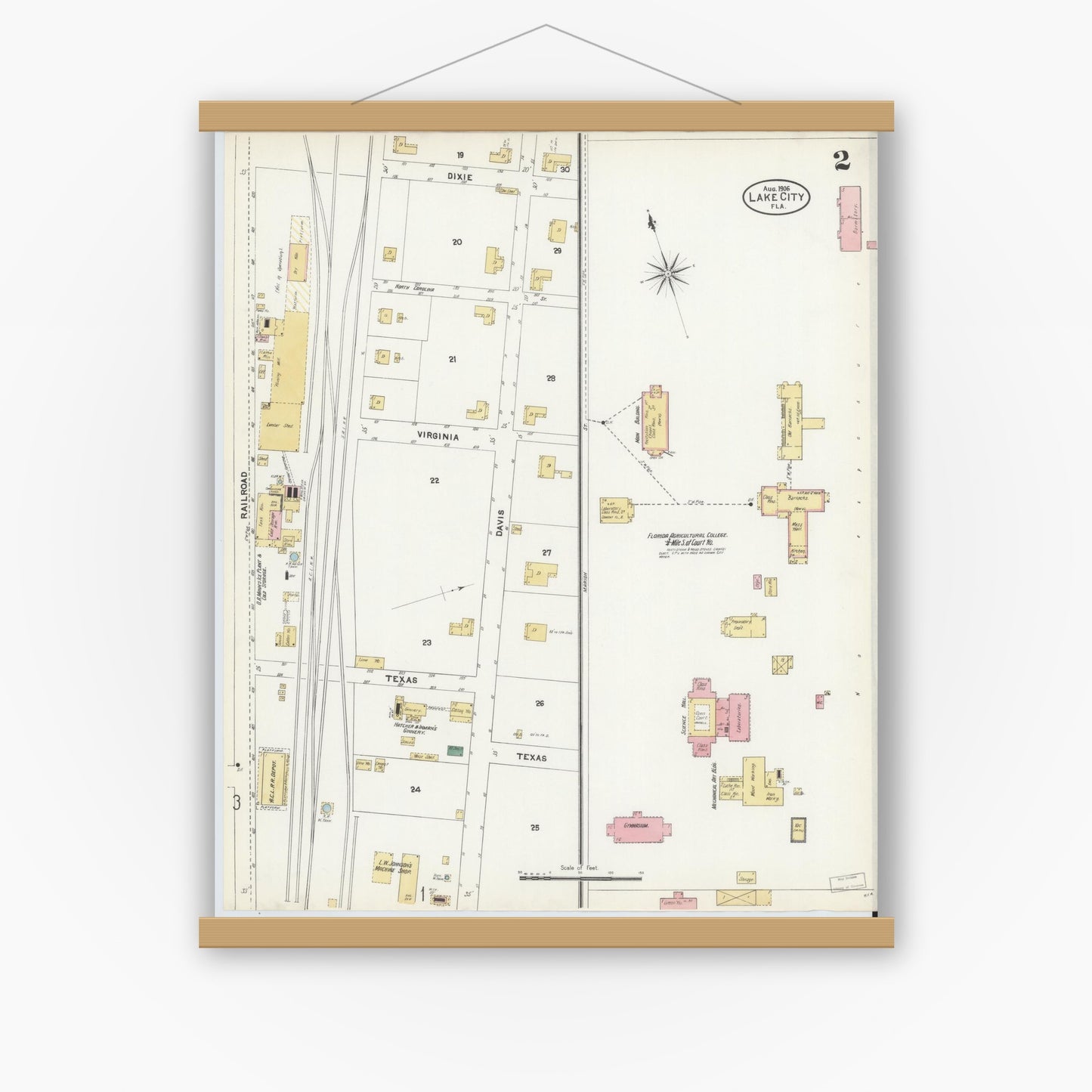 Old map wall art mockup — magnetic wood frame on white wall — Sanborn Fire Insurance Map from Lake City, Columbia County, Florida (1906), Sheet #0002