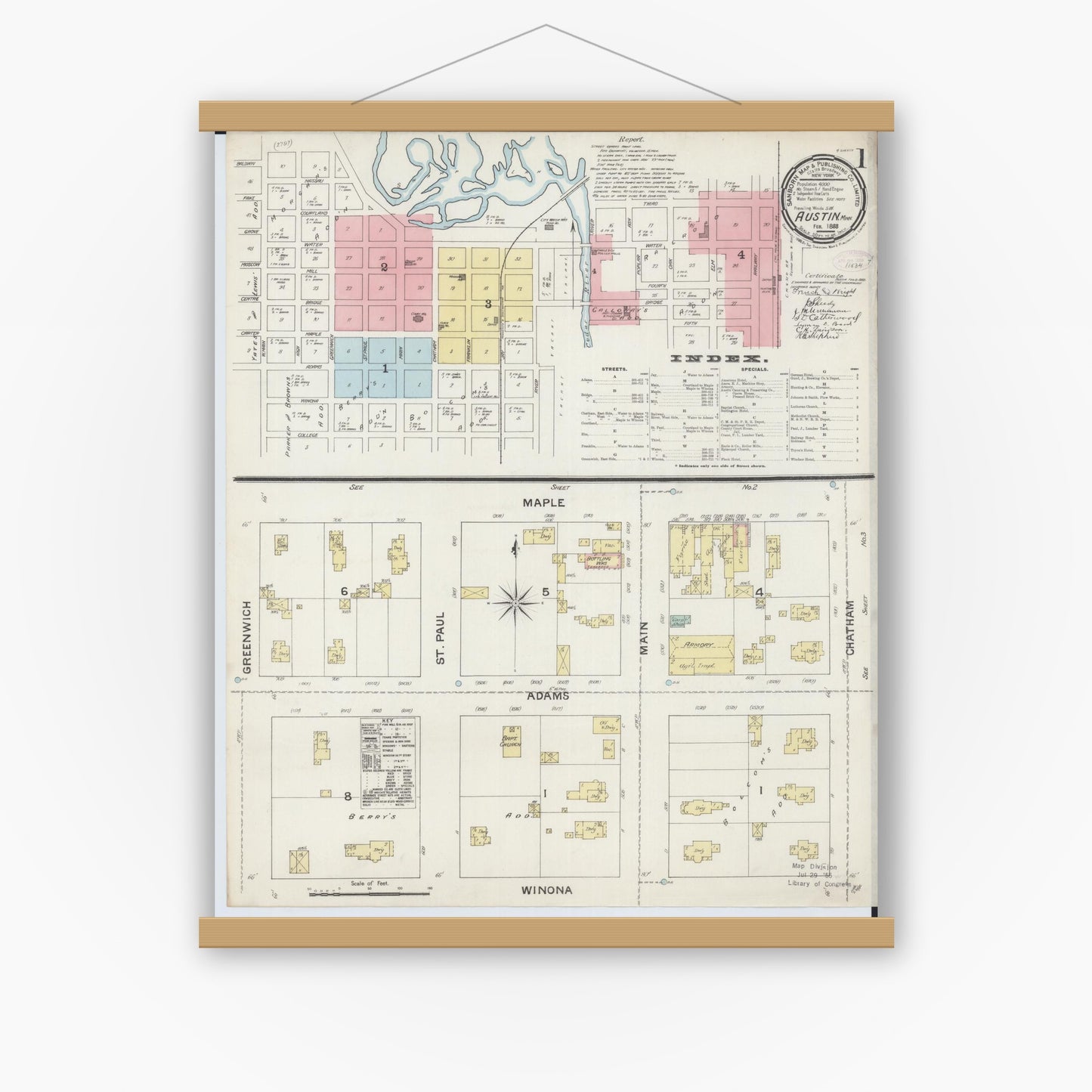 Old map wall art mockup — magnetic wood frame on white wall — Sanborn Fire Insurance Map from Austin, Mower County, Minnesota (1888) - Complete Map Set