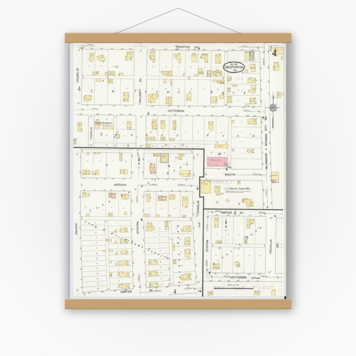 Old map wall art mockup — magnetic wood frame on white wall — Sanborn Fire Insurance Map from Chesterton, Porter County, Indiana (1912), Sheet #0004