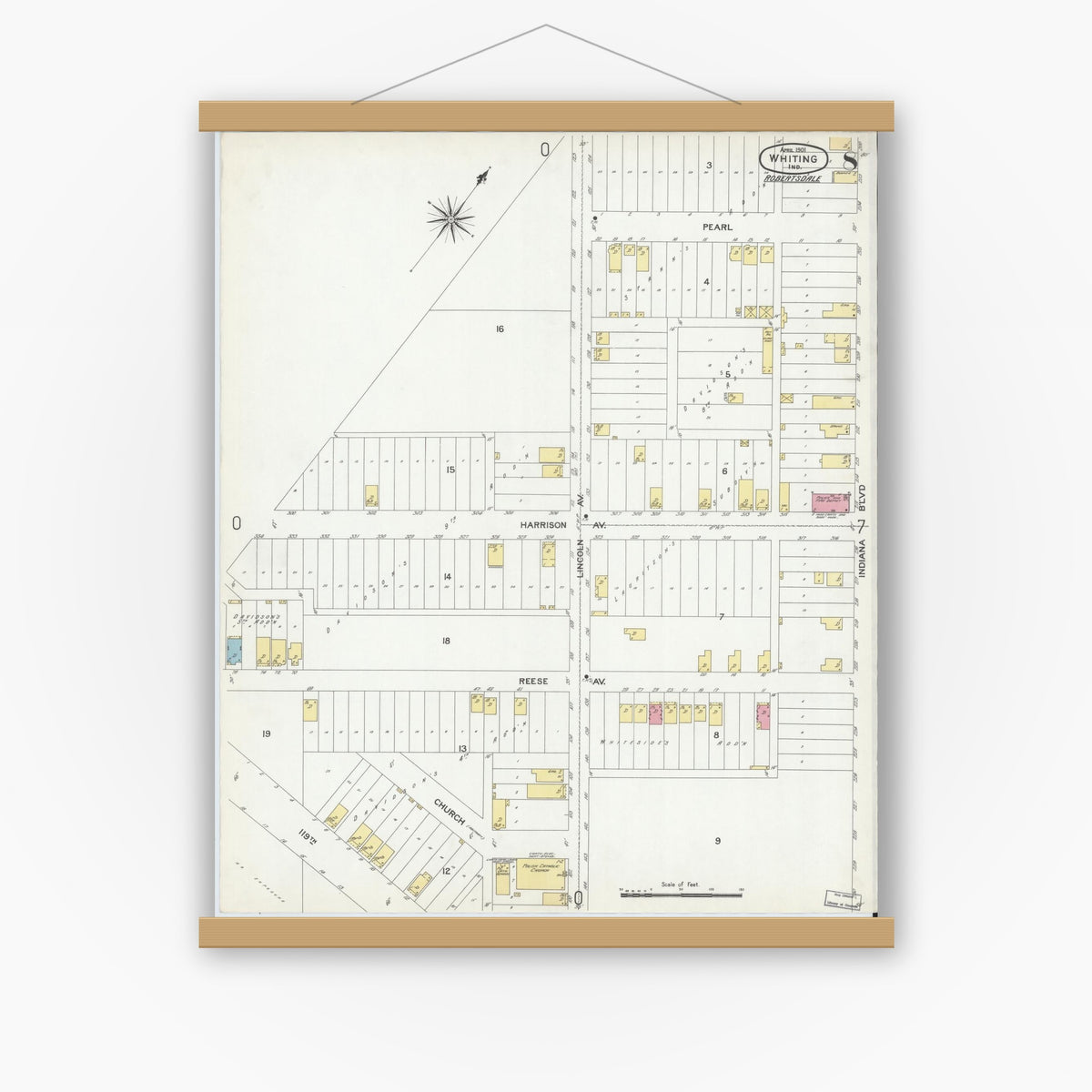 Old map wall art mockup — magnetic wood frame on white wall — Sanborn Fire Insurance Map from Whiting, Lake County, Indiana (1901), Sheet #0008