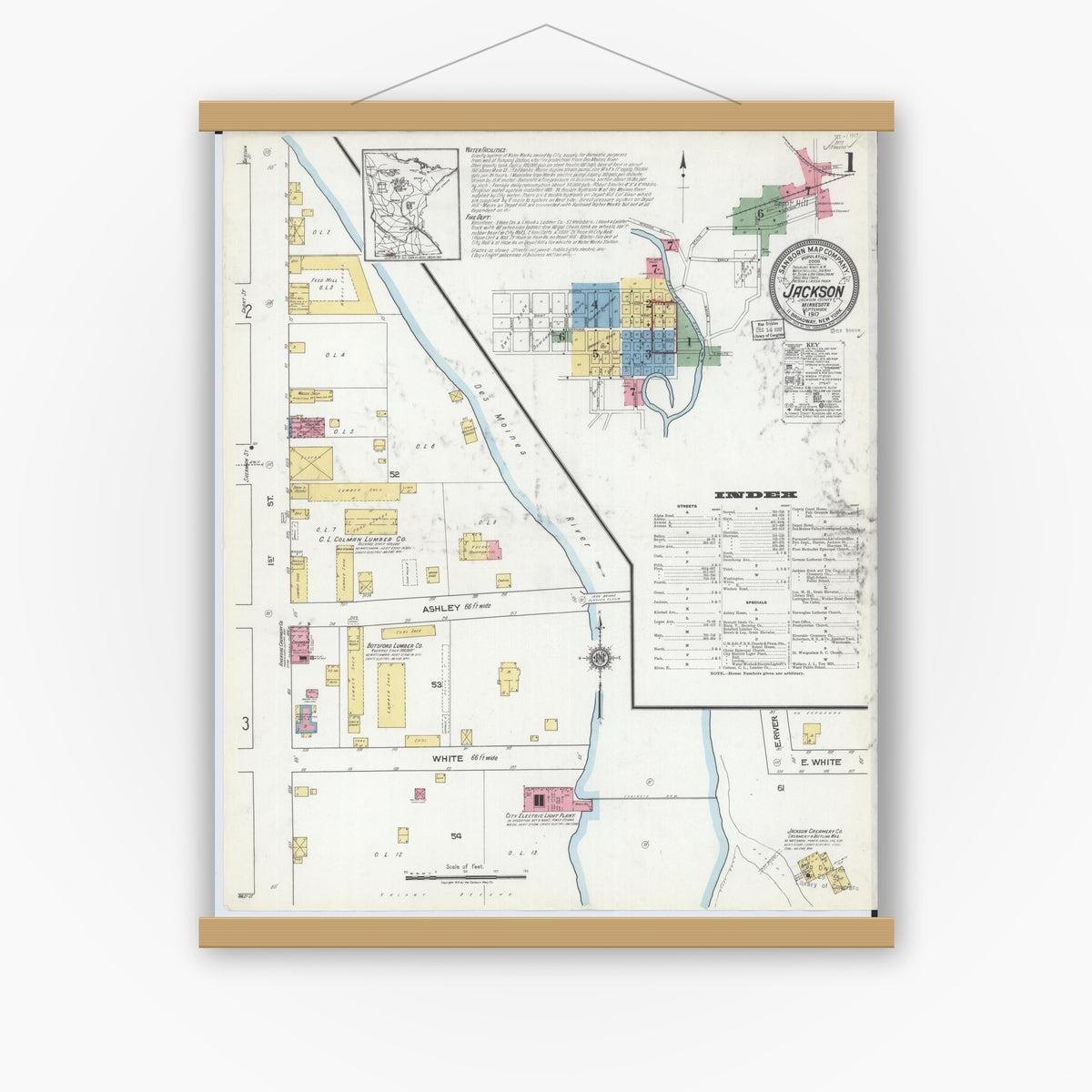 Old map wall art mockup — magnetic wood frame on white wall — Sanborn Fire Insurance Map from Jackson, Jackson County, Minnesota (1917), Sheet #0001
