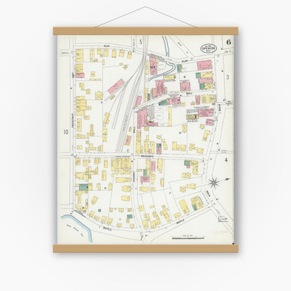 Old map wall art mockup — magnetic wood frame on white wall — Sanborn Fire Insurance Map from Spencer, Worcester County, Massachusetts (1901), Sheet #0006