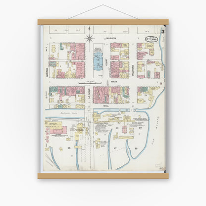 Old map wall art mockup — magnetic wood frame on white wall — Sanborn Fire Insurance Map from Ottawa, La Salle County, Illinois (1888), Sheet #0003