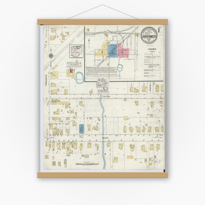 Old map wall art mockup — magnetic wood frame on white wall — Sanborn Fire Insurance Map from Greenwich, Huron County, Ohio (1921), Sheet #0001