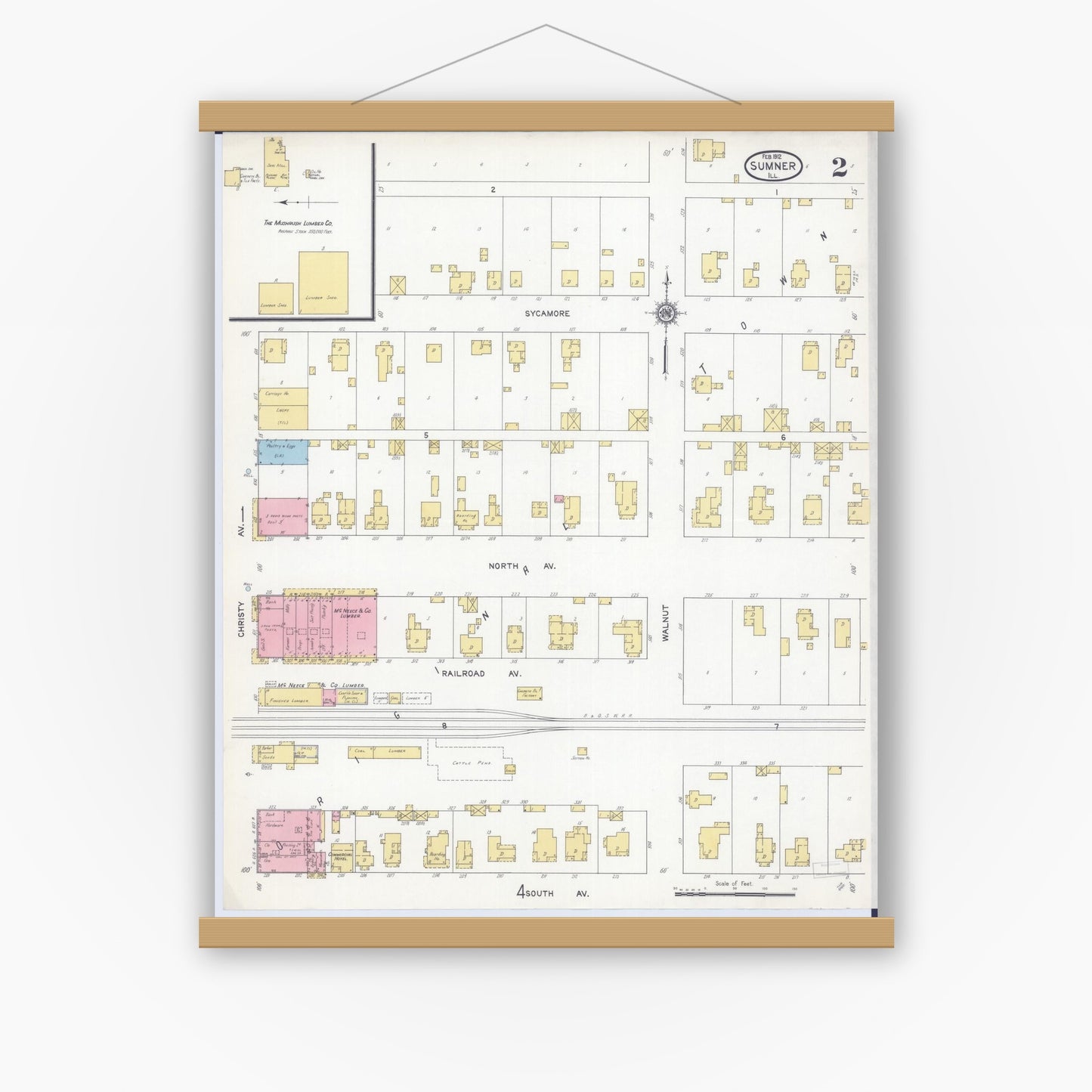 Old map wall art mockup — magnetic wood frame on white wall — Sanborn Fire Insurance Map from Sumner, Lawrence County, Illinois (1912), Sheet #0002