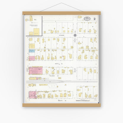 Old map wall art mockup — magnetic wood frame on white wall — Sanborn Fire Insurance Map from Sumner, Lawrence County, Illinois (1912), Sheet #0002