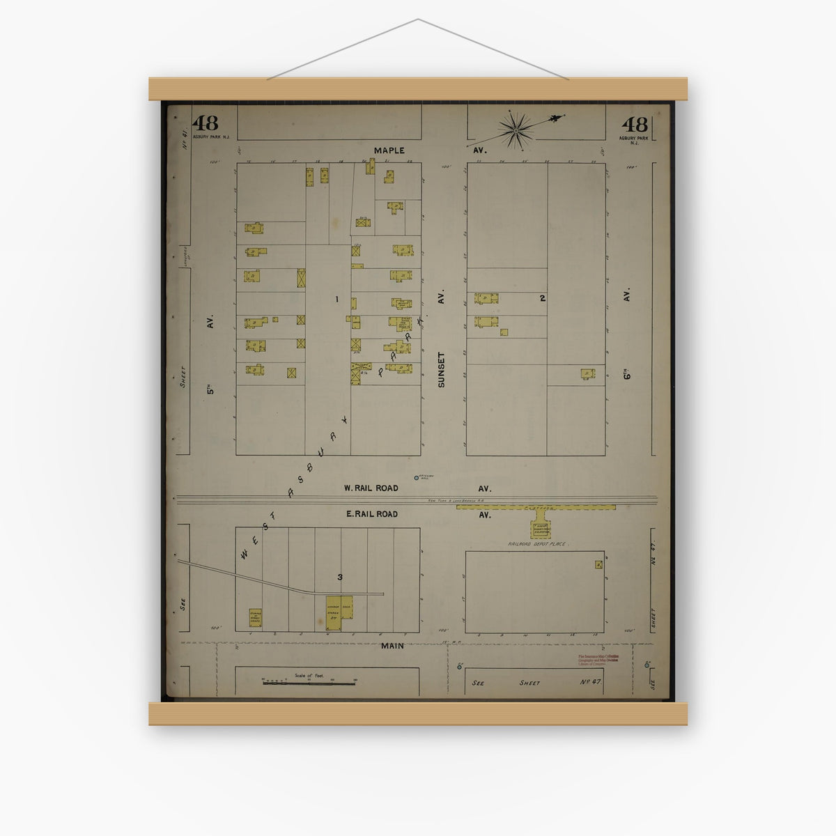 Old map wall art mockup — magnetic wood frame on white wall — Sanborn Fire Insurance Map from New Jersey Coast, New Jersey Coast, New Jersey (1890), Sheet #0048