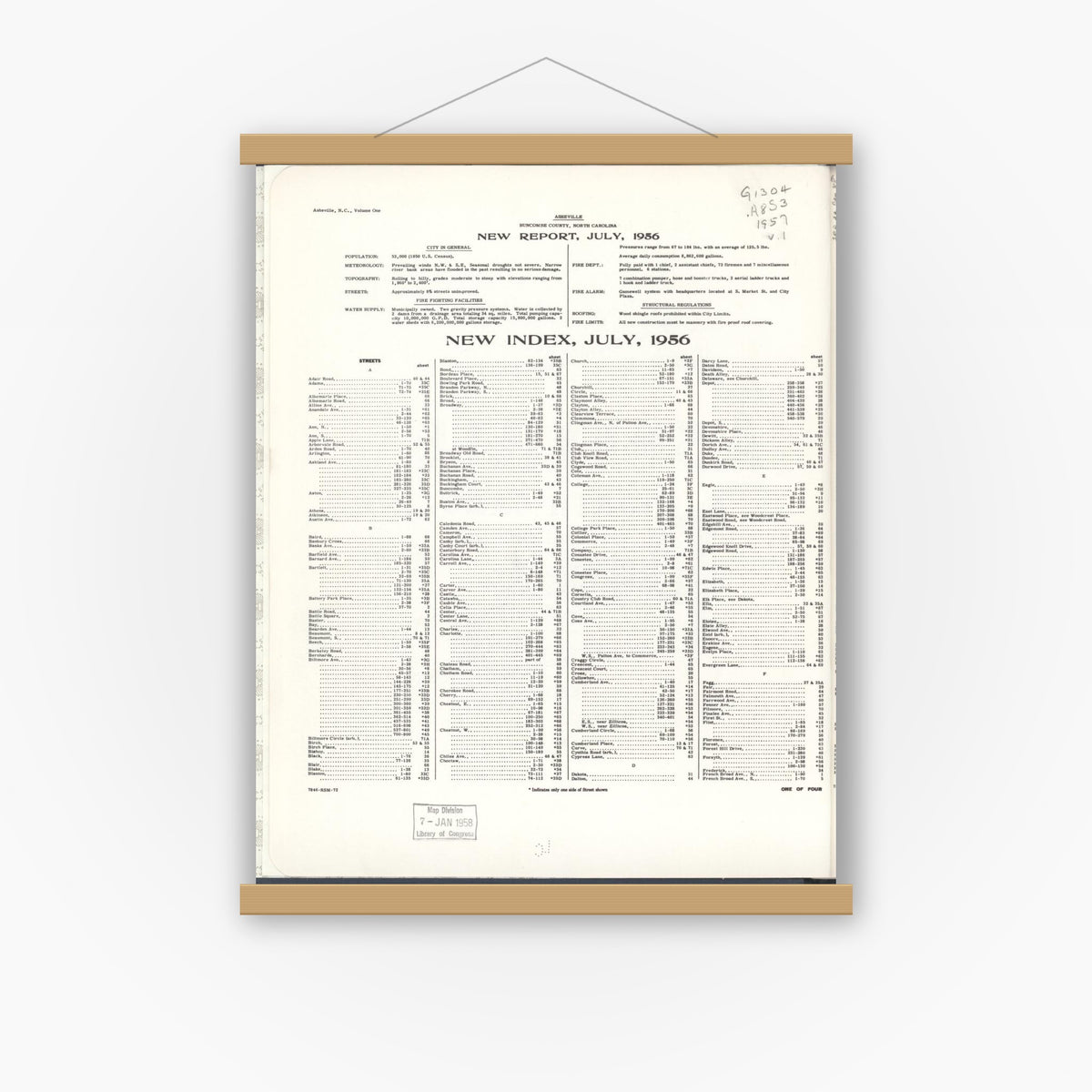 Old map wall art mockup — magnetic wood frame on white wall — Sanborn Fire Insurance Map from Asheville, Buncombe County, North Carolina (1957) - Complete Map Set
