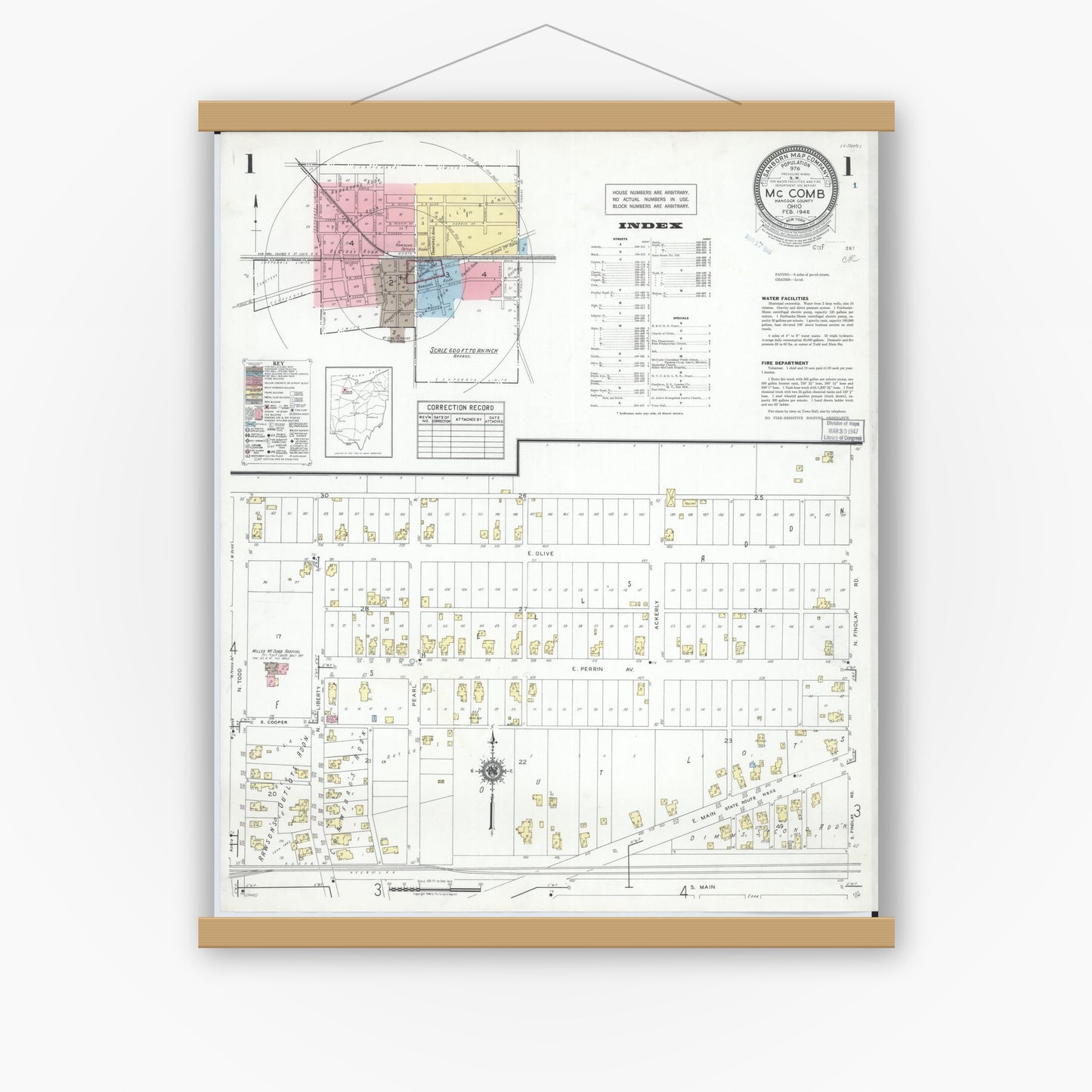 Old map wall art mockup — magnetic wood frame on white wall — Sanborn Fire Insurance Map from McComb, Hancock County, Ohio (1946), Sheet #0001