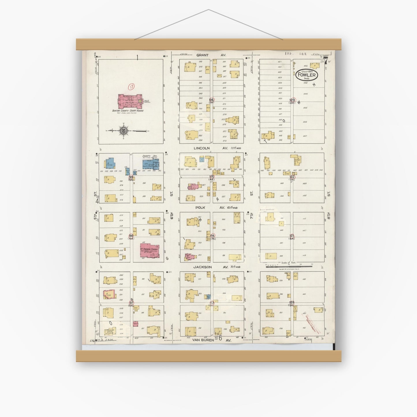 Old map wall art mockup — magnetic wood frame on white wall — Sanborn Fire Insurance Map from Fowler, Benton County, Indiana (1932), Sheet #0007