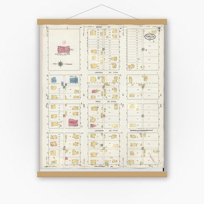 Old map wall art mockup — magnetic wood frame on white wall — Sanborn Fire Insurance Map from Fowler, Benton County, Indiana (1932), Sheet #0007