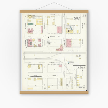 Old map wall art mockup — magnetic wood frame on white wall — Sanborn Fire Insurance Map from Terrell, Kaufman County, Texas (1909), Sheet #0011