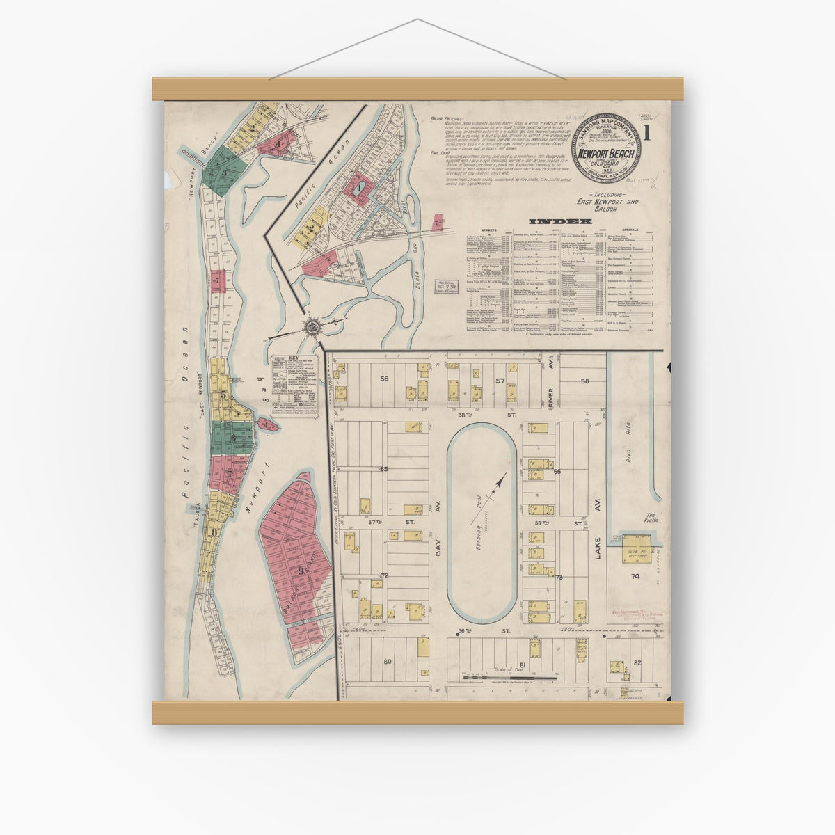 Old map wall art mockup — magnetic wood frame on white wall — Sanborn Fire Insurance Map from Newport Beach, Orange County, California (1922), Sheet #0001