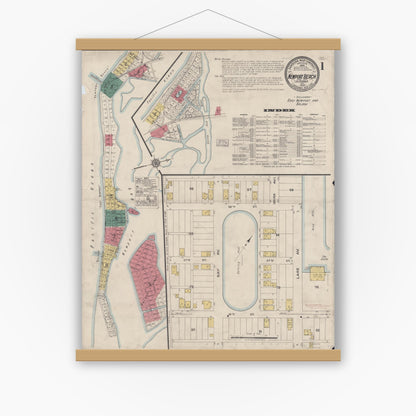 Old map wall art mockup — magnetic wood frame on white wall — Sanborn Fire Insurance Map from Newport Beach, Orange County, California (1922), Sheet #0001
