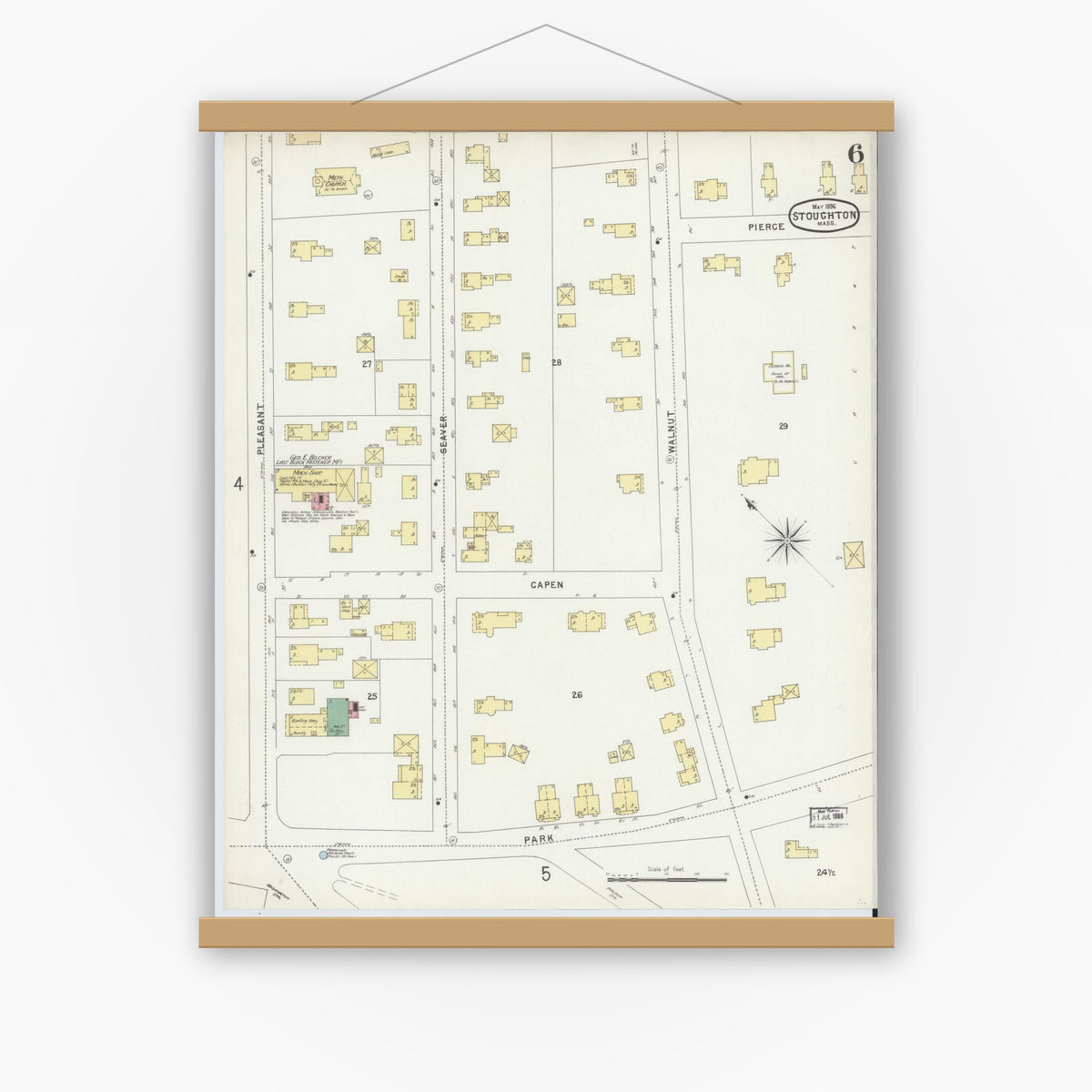 Old map wall art mockup — magnetic wood frame on white wall — Sanborn Fire Insurance Map from Stoughton, Norfolk County, Massachusetts (1896), Sheet #0006