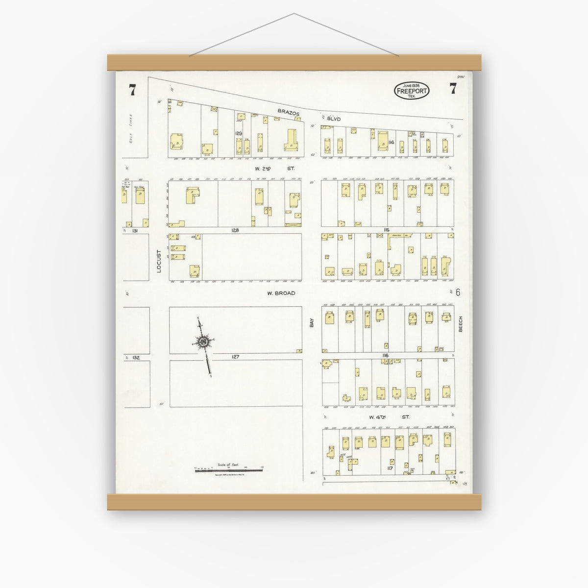 Old map wall art mockup — magnetic wood frame on white wall — Sanborn Fire Insurance Map from Freeport, Brazoria County, Texas (1926), Sheet #0007