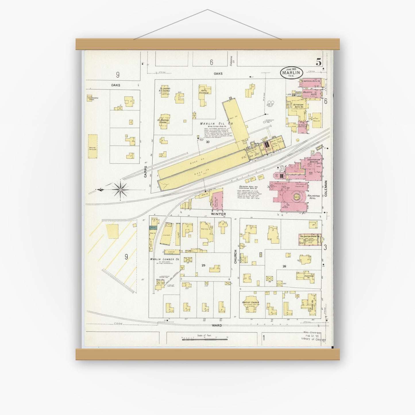 Old map wall art mockup — magnetic wood frame on white wall — Sanborn Fire Insurance Map from Marlin, Falls County, Texas (1909), Sheet #0005