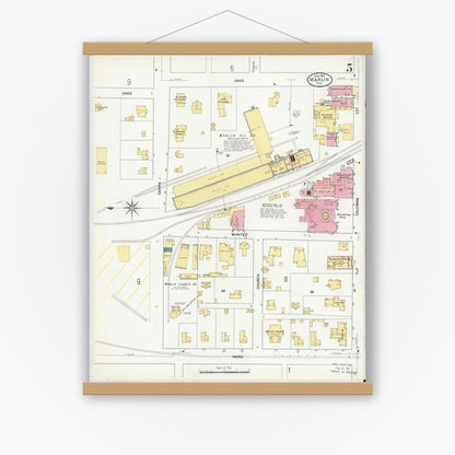 Old map wall art mockup — magnetic wood frame on white wall — Sanborn Fire Insurance Map from Marlin, Falls County, Texas (1909), Sheet #0005