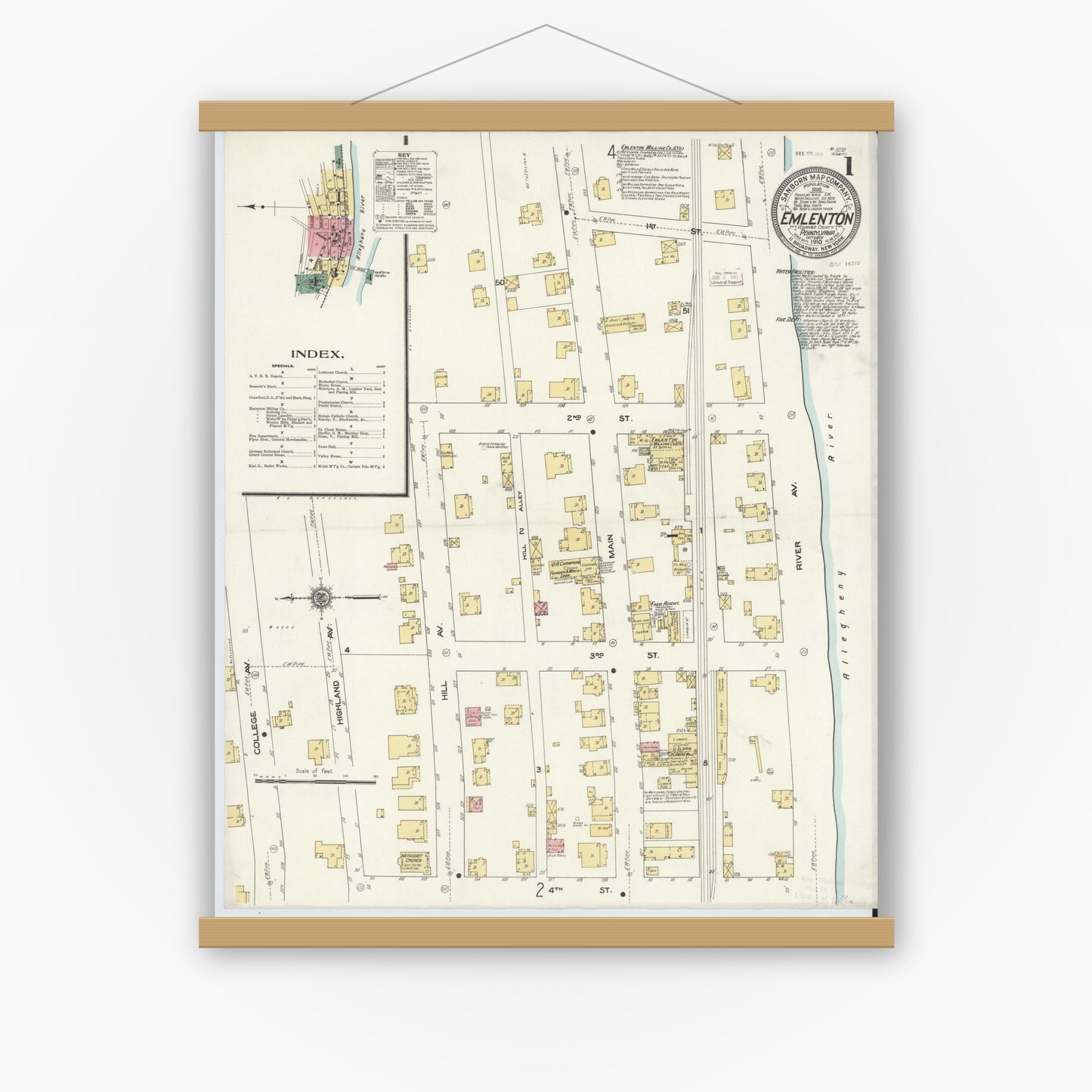 Old map wall art mockup — magnetic wood frame on white wall — Sanborn Fire Insurance Map from Emlenton, Venango County, Pennsylvania (1910) - Complete Map Set