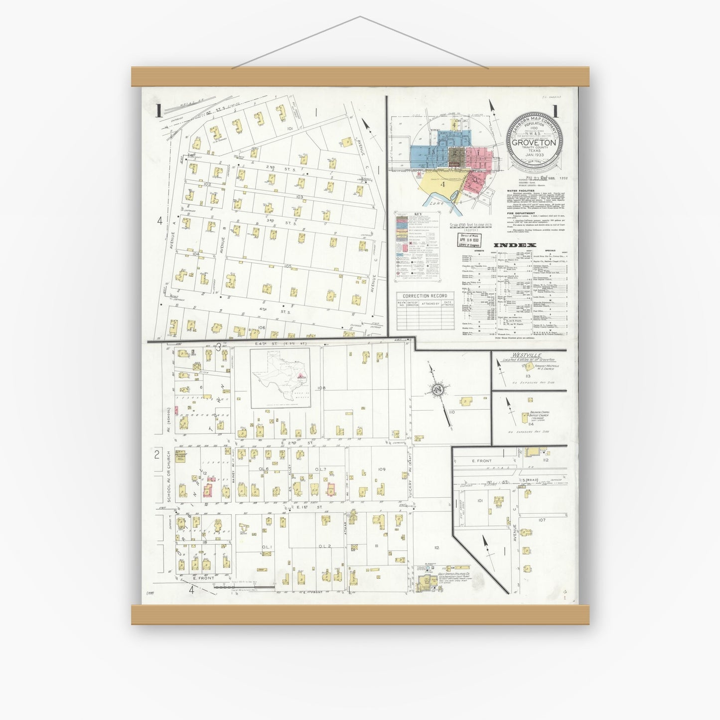 Old map wall art mockup — magnetic wood frame on white wall — Sanborn Fire Insurance Map from Groveton, Trinity County, Texas (1933) - Complete Map Set