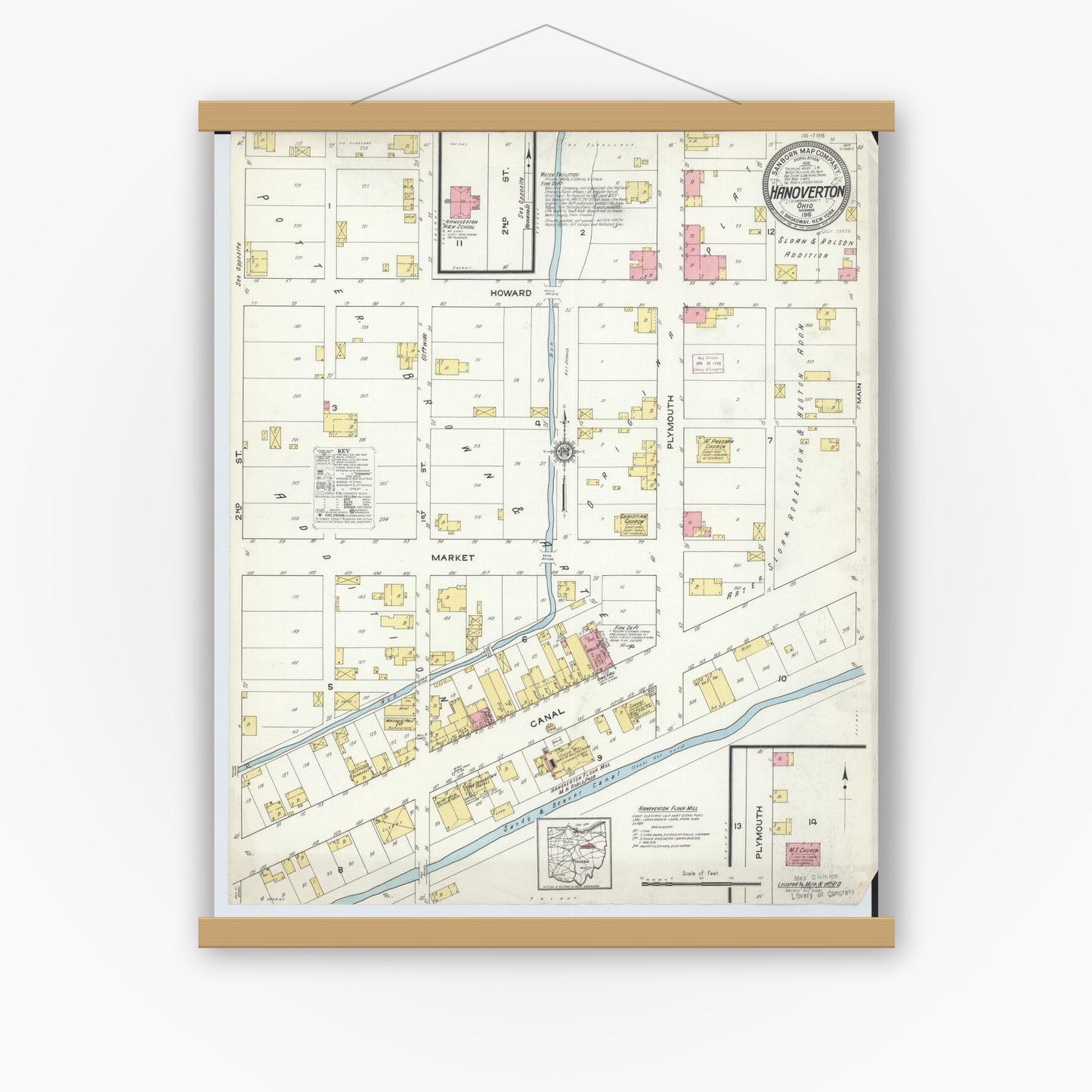 Old map wall art mockup — magnetic wood frame on white wall — Sanborn Fire Insurance Map from Hanoverton, Columbiana County, Ohio (1915), Sheet #0001