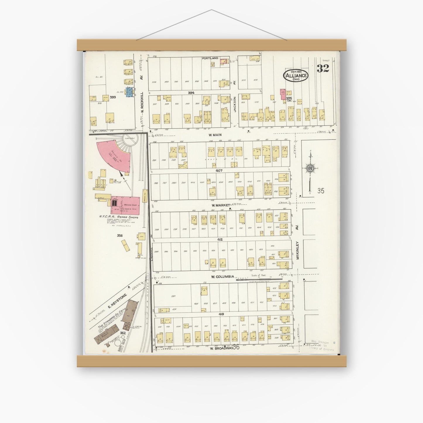 Old map wall art mockup — magnetic wood frame on white wall — Sanborn Fire Insurance Map from Alliance, Stark County, Ohio (1921), Sheet #0032