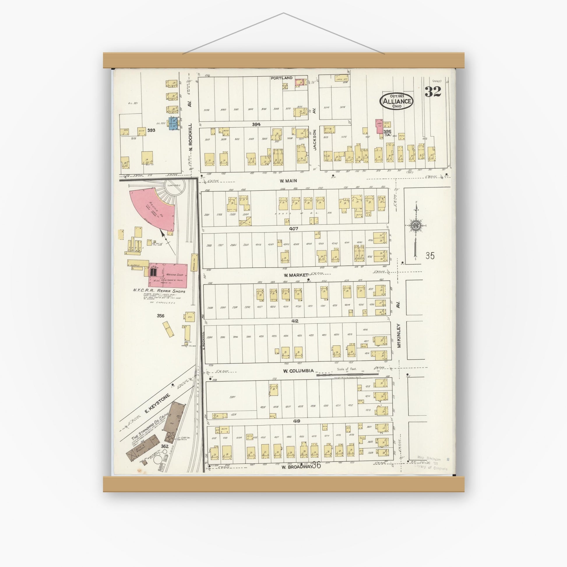 Old map wall art mockup — magnetic wood frame on white wall — Sanborn Fire Insurance Map from Alliance, Stark County, Ohio (1921), Sheet #0032