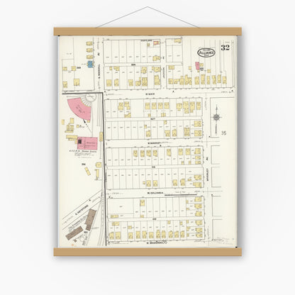 Old map wall art mockup — magnetic wood frame on white wall — Sanborn Fire Insurance Map from Alliance, Stark County, Ohio (1921), Sheet #0032