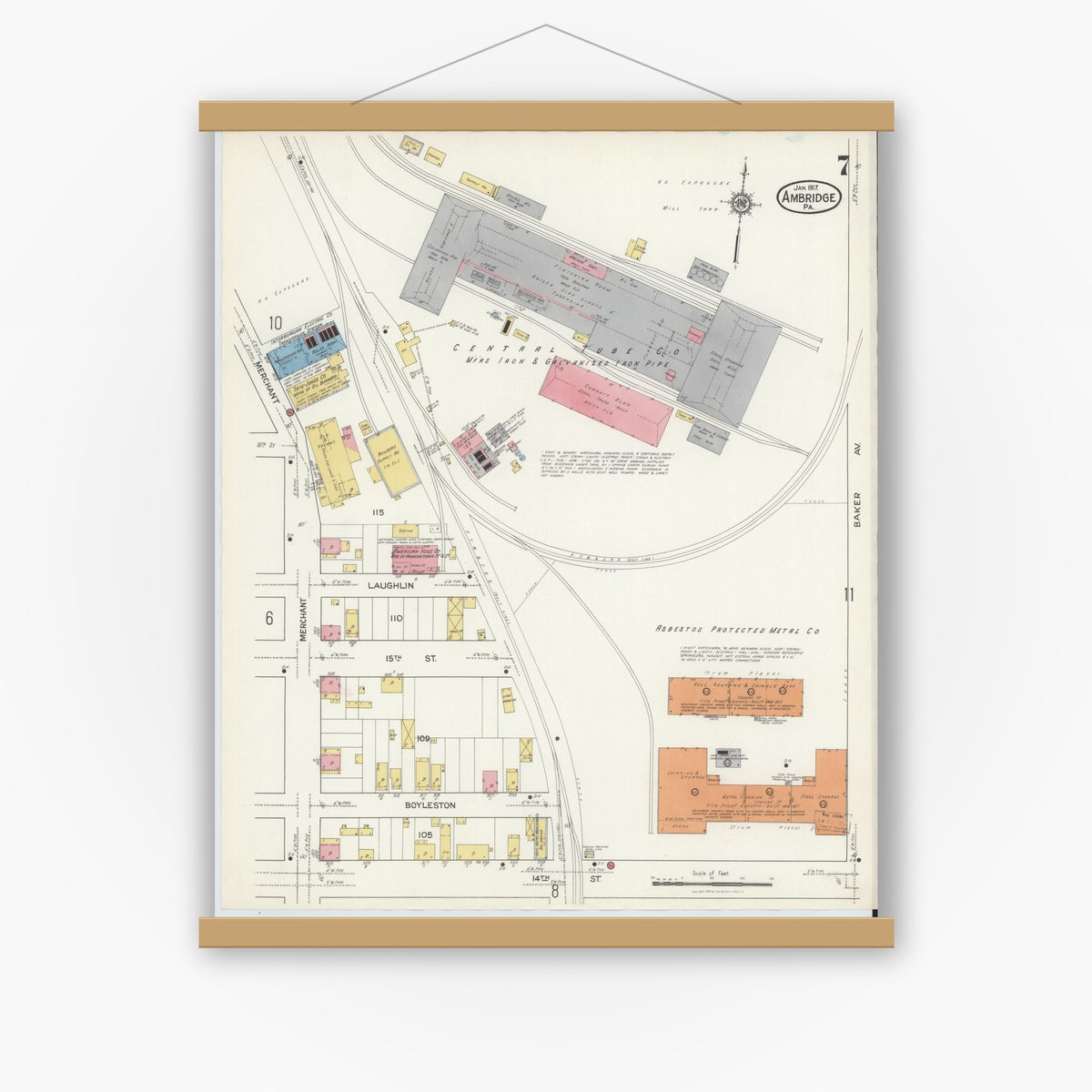 Old map wall art mockup — magnetic wood frame on white wall — Sanborn Fire Insurance Map from Ambridge, Beaver County, Pennsylvania (1917), Sheet #0007