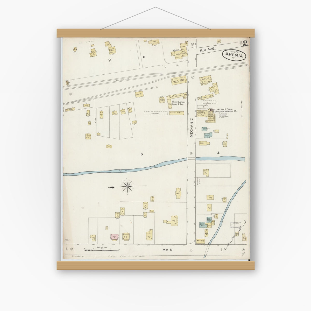 Old map wall art mockup — magnetic wood frame on white wall — Sanborn Fire Insurance Map from Amenia, Dutchess County, New York (1887), Sheet #0002