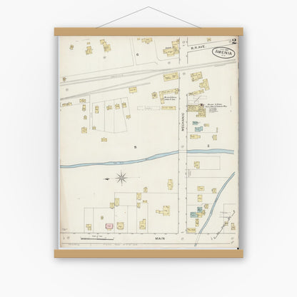 Old map wall art mockup — magnetic wood frame on white wall — Sanborn Fire Insurance Map from Amenia, Dutchess County, New York (1887), Sheet #0002