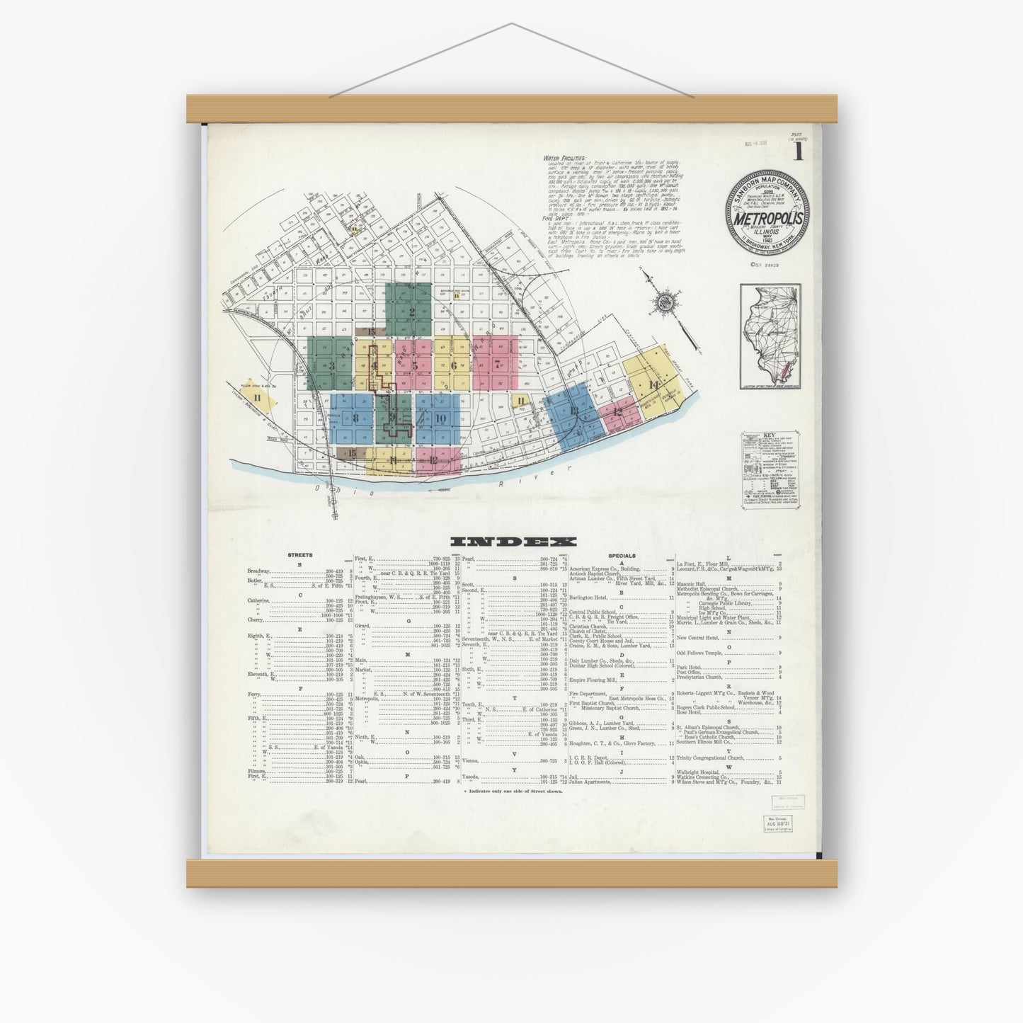 Old map wall art mockup — magnetic wood frame on white wall — Sanborn Fire Insurance Map from Metropolis, Massac County, Illinois (1921) - Complete Map Set