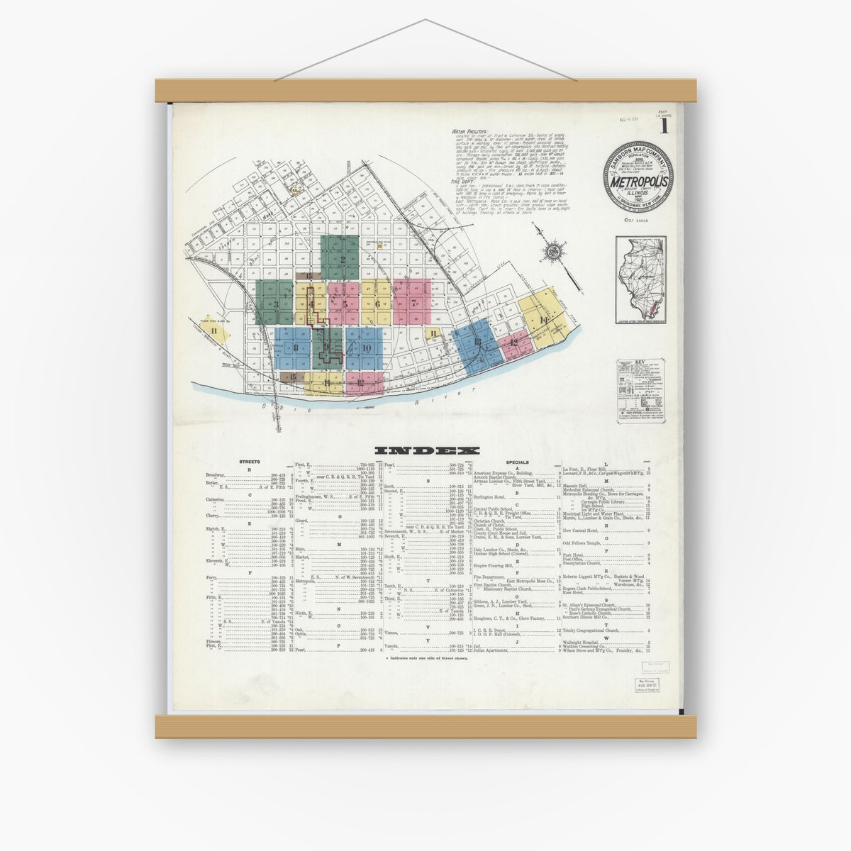 Old map wall art mockup — magnetic wood frame on white wall — Sanborn Fire Insurance Map from Metropolis, Massac County, Illinois (1921) - Complete Map Set