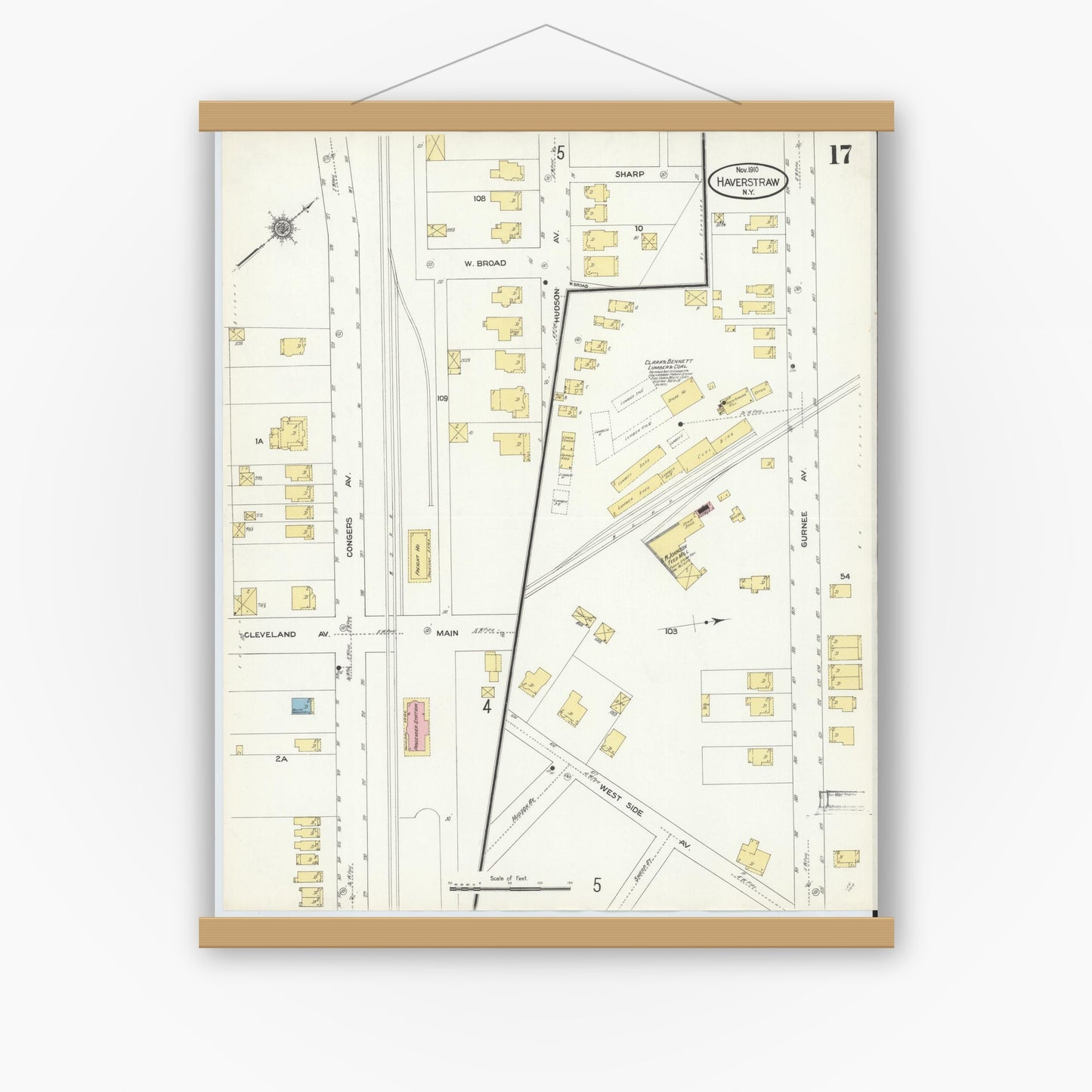 Old map wall art mockup — magnetic wood frame on white wall — Sanborn Fire Insurance Map from Haverstraw, Rockland County, New York (1910), Sheet #0017