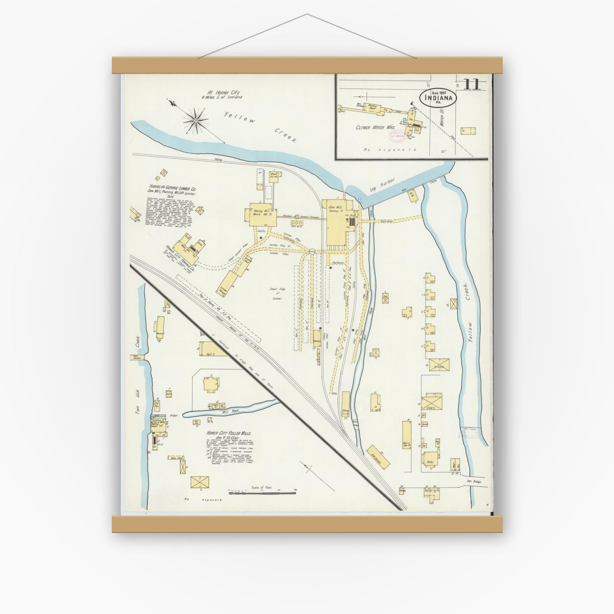 Old map wall art mockup — magnetic wood frame on white wall — Sanborn Fire Insurance Map from Indiana, Indiana County, Pennsylvania (1888), Sheet #0011
