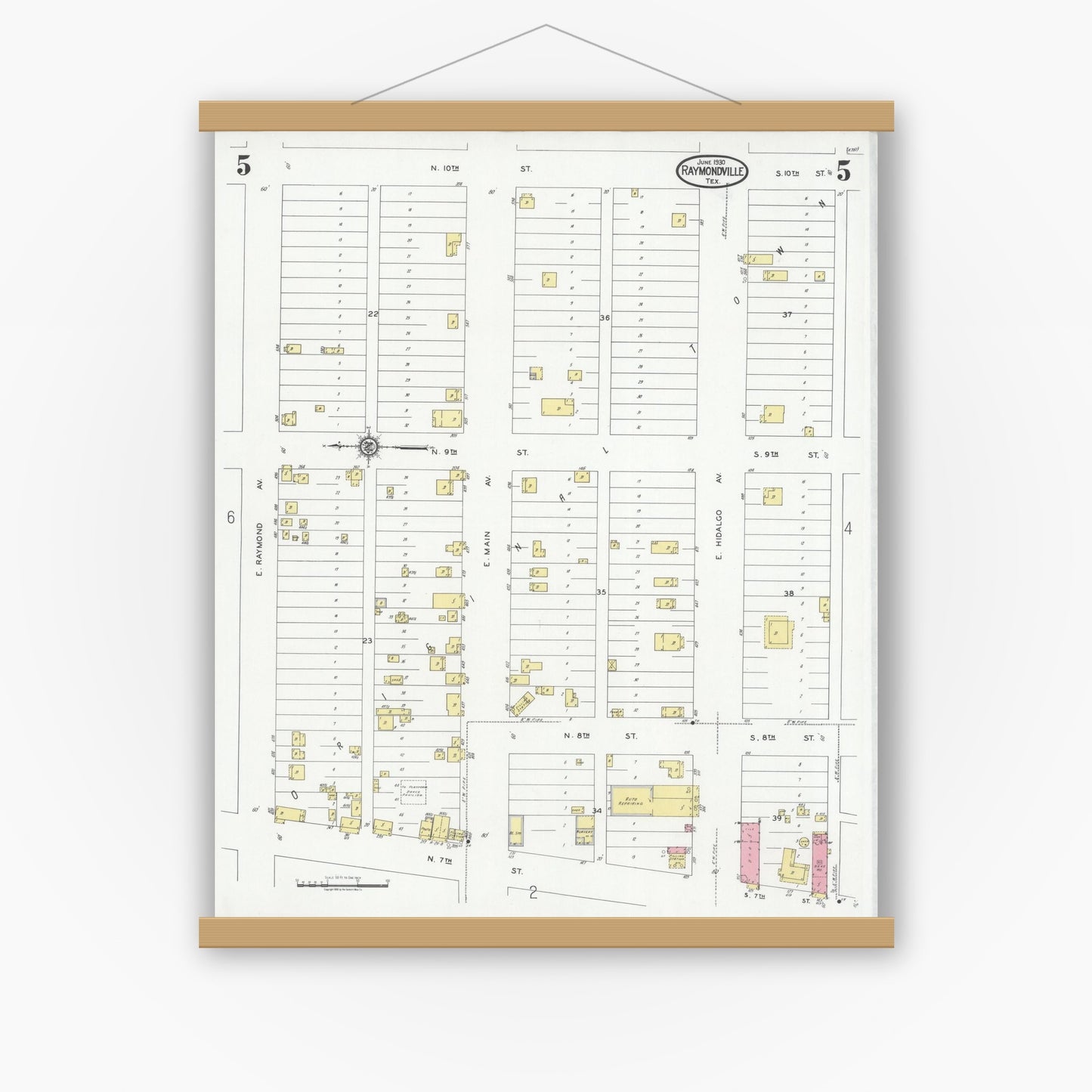 Old map wall art mockup — magnetic wood frame on white wall — Sanborn Fire Insurance Map from Raymondville, Willacy County, Texas (1930), Sheet #0005