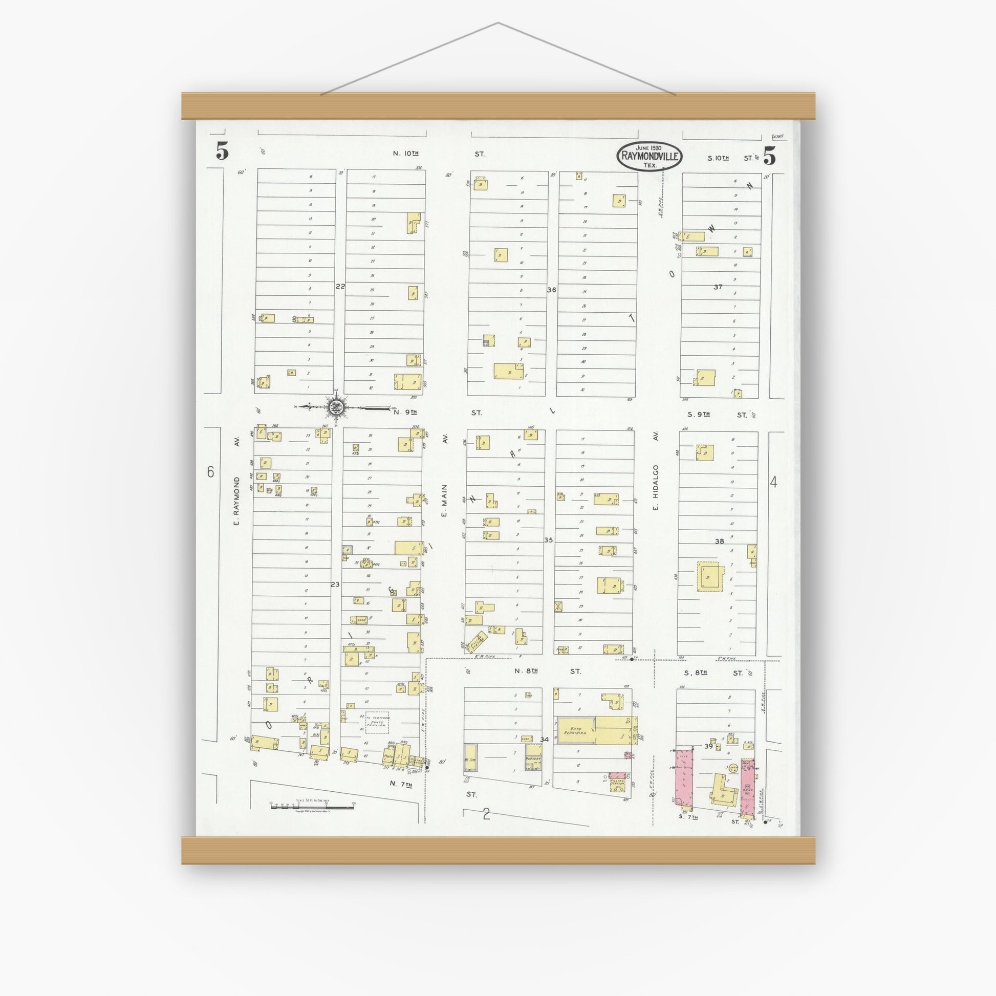 Old map wall art mockup — magnetic wood frame on white wall — Sanborn Fire Insurance Map from Raymondville, Willacy County, Texas (1930), Sheet #0005