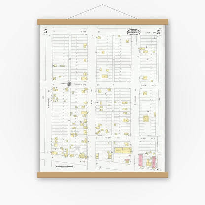 Old map wall art mockup — magnetic wood frame on white wall — Sanborn Fire Insurance Map from Raymondville, Willacy County, Texas (1930), Sheet #0005