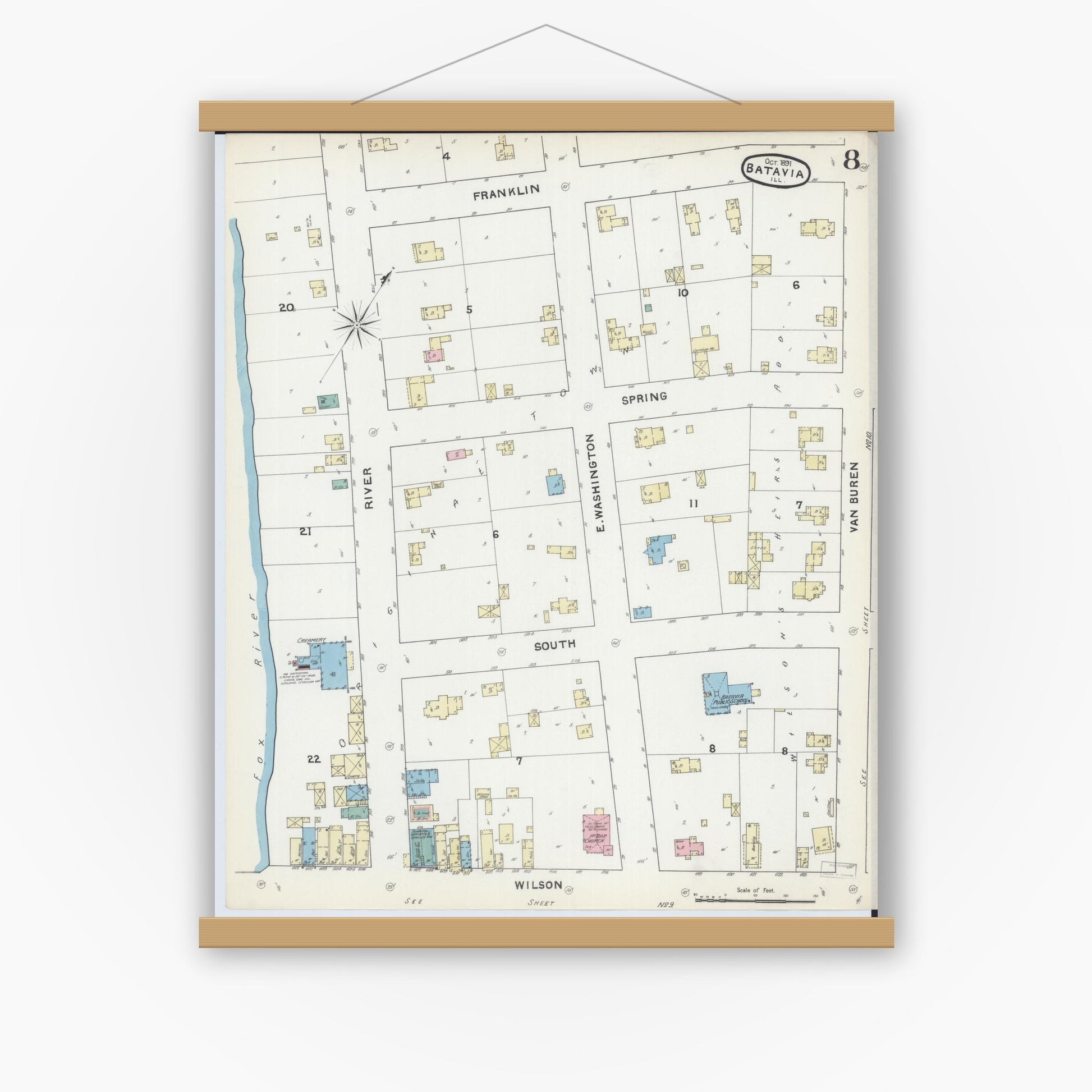 Old map wall art mockup — magnetic wood frame on white wall — Sanborn Fire Insurance Map from Batavia, Kane County, Illinois (1891), Sheet #0008