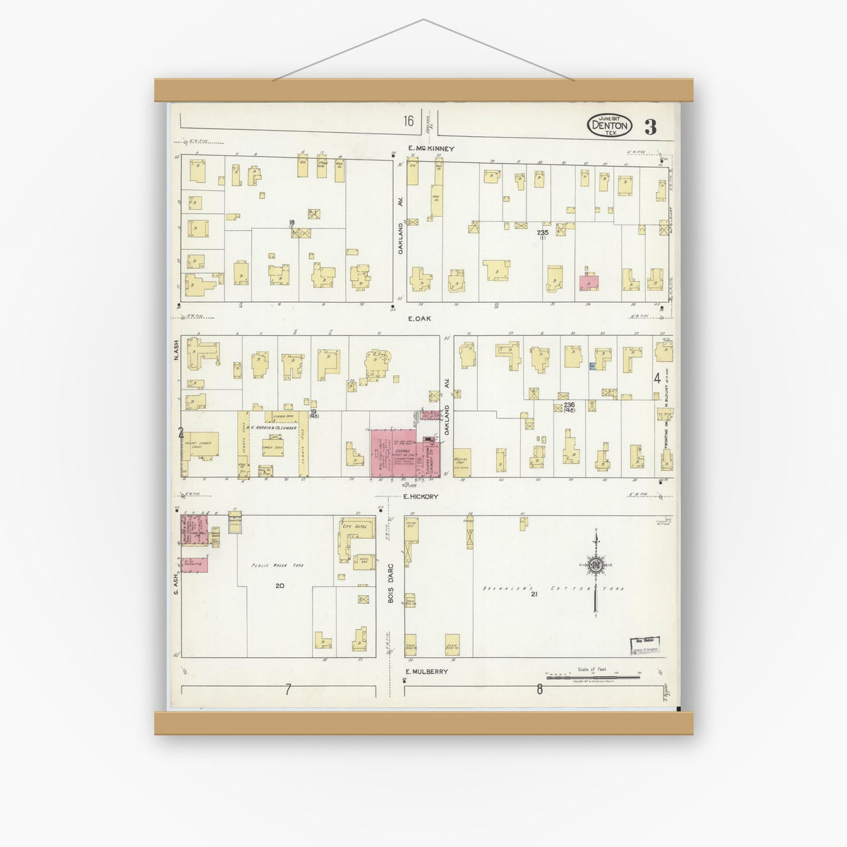 Old map wall art mockup — magnetic wood frame on white wall — Sanborn Fire Insurance Map from Denton, Denton County, Texas (1917), Sheet #0003