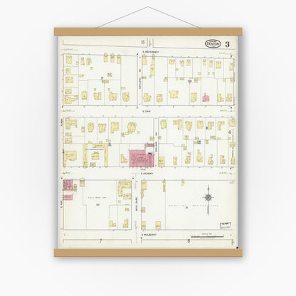 Old map wall art mockup — magnetic wood frame on white wall — Sanborn Fire Insurance Map from Denton, Denton County, Texas (1917), Sheet #0003