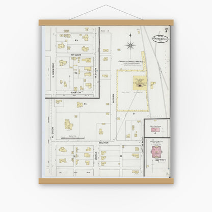 Old map wall art mockup — magnetic wood frame on white wall — Sanborn Fire Insurance Map from Gainesville, Cooke County, Texas (1888), Sheet #0007