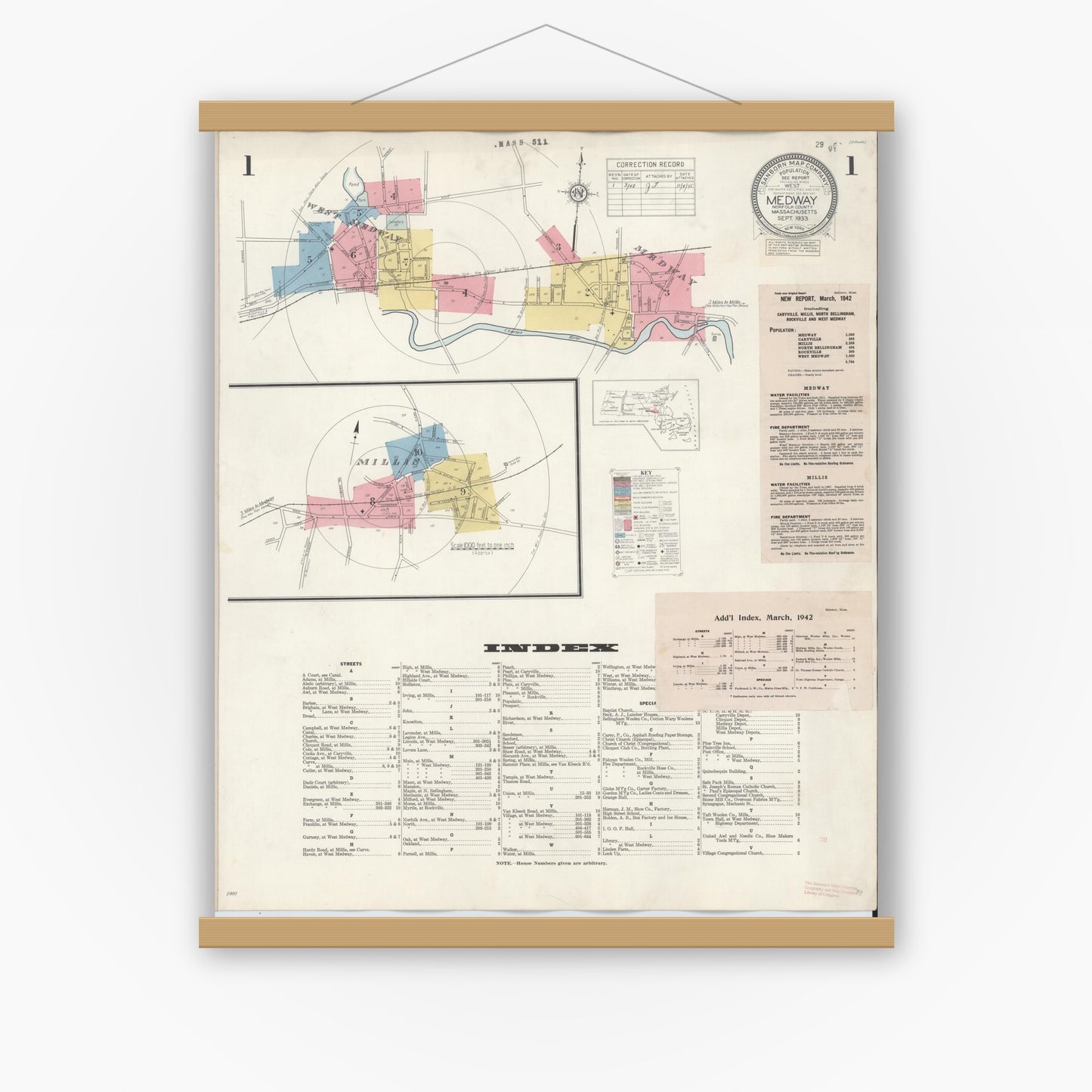 Old map wall art mockup — magnetic wood frame on white wall — Sanborn Fire Insurance Map from Medway, Norfolk County, Massachusetts (1942), Sheet #0001
