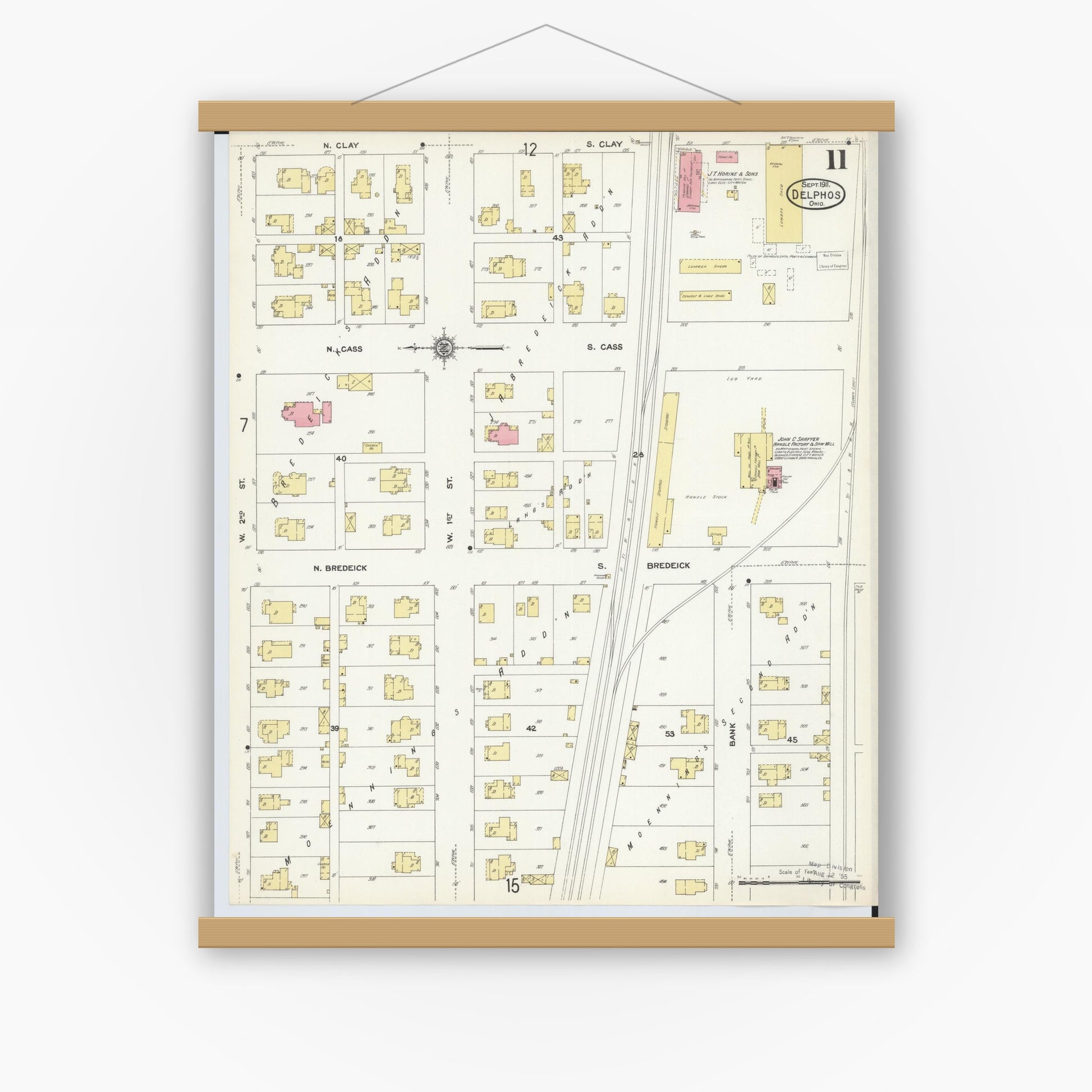 Old map wall art mockup — magnetic wood frame on white wall — Sanborn Fire Insurance Map from Delphos, Van Wert And Allen Counties, Ohio (1911), Sheet #0011