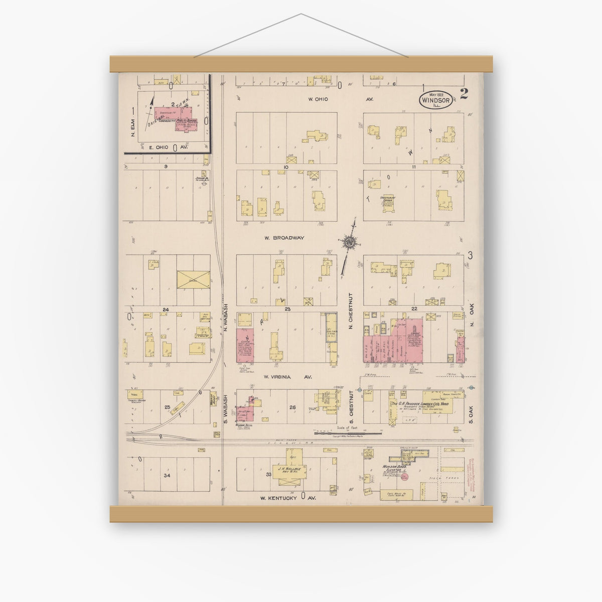 Old map wall art mockup — magnetic wood frame on white wall — Sanborn Fire Insurance Map from Windsor, Shelby County, Illinois (1922), Sheet #0002